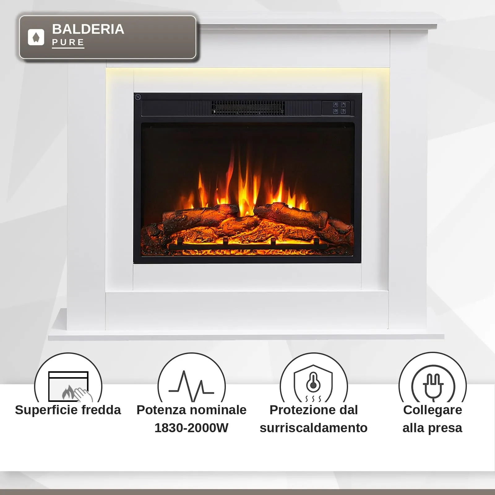 BALDERIA Finn Camino Elettrico da Pavimento con Effetto Fiamma 3D e Riscaldamento, Bianco - immagine 7