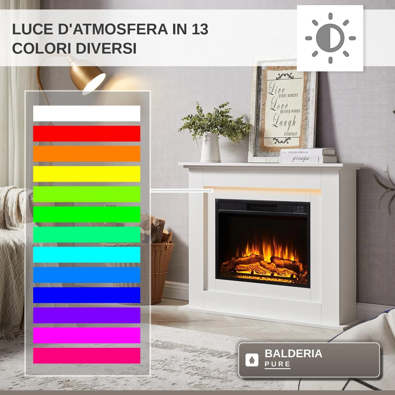 BALDERIA Finn Camino Elettrico da Pavimento con Effetto Fiamma 3D e Riscaldamento, Bianco - immagine 8