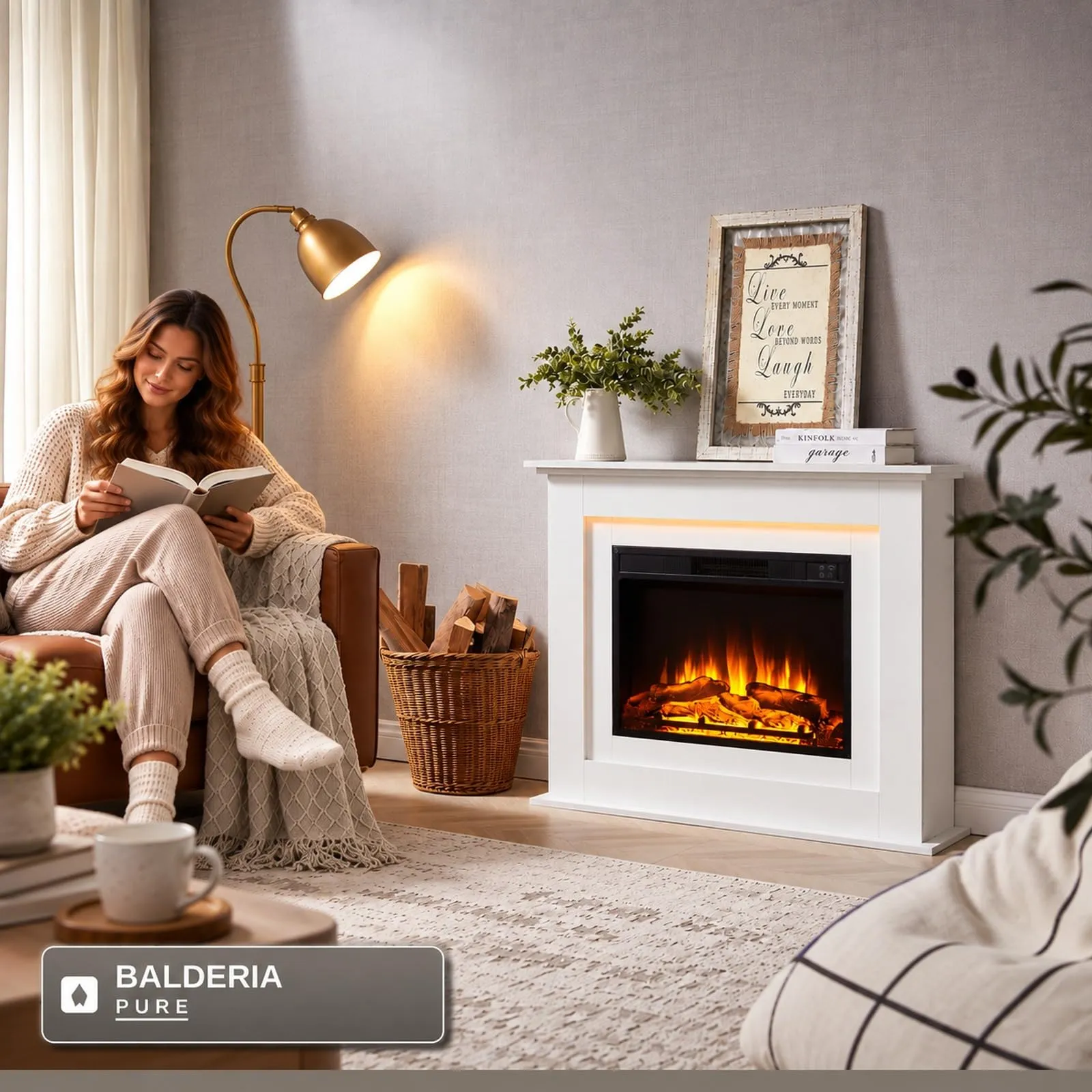 BALDERIA Finn Camino Elettrico da Pavimento con Effetto Fiamma 3D e Riscaldamento, Bianco - immagine 9