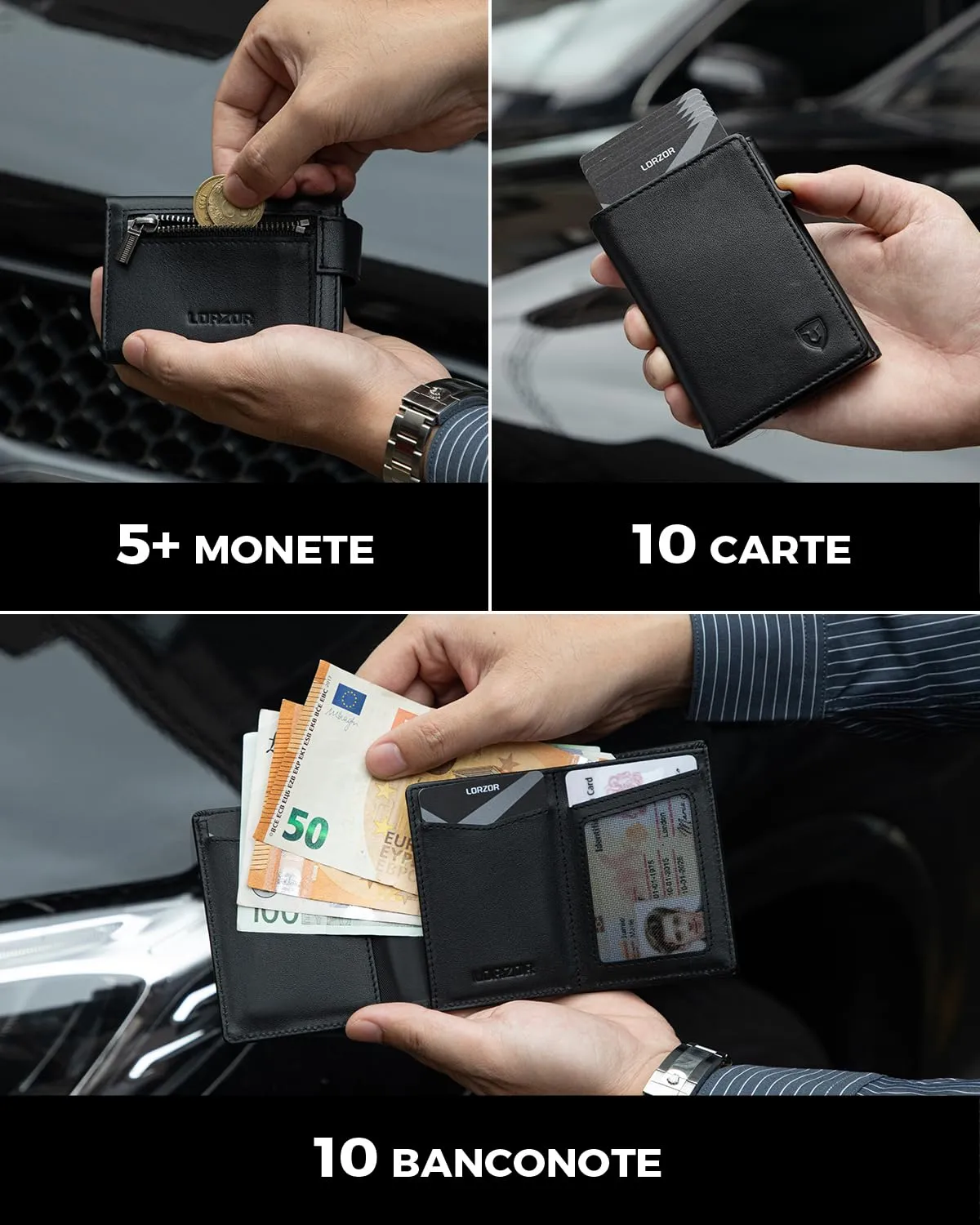 LORZOR Portafoglio Uomo Slim in Vera Pelle con Protezione RFID e Portamonete, Portacarte Pop-up per 10 Carte, Chiusura Magnetica - immagine 4