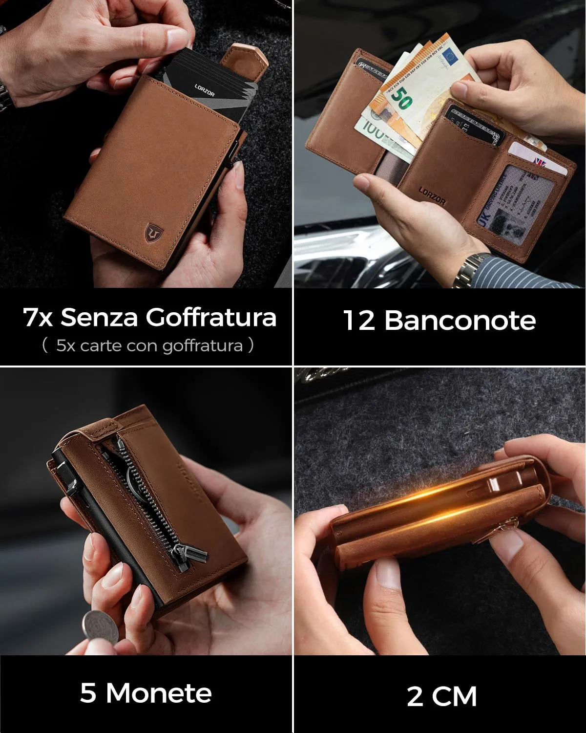 LORZOR Portafoglio Uomo Slim in Vera Pelle con Chiusura Magnetica, Porta Carte Pop-up RFID e Portamonete - immagine 6