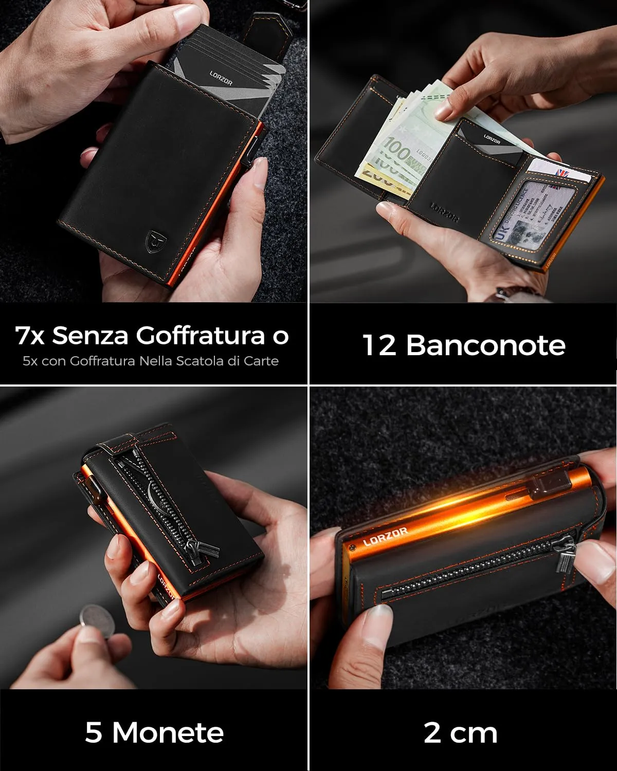 LORZOR Portafoglio Uomo Slim in Vera Pelle con Protezione RFID e Chiusura Magnetica, Portacarte Pop-up per 10 Carte e Portamonete - immagine 4