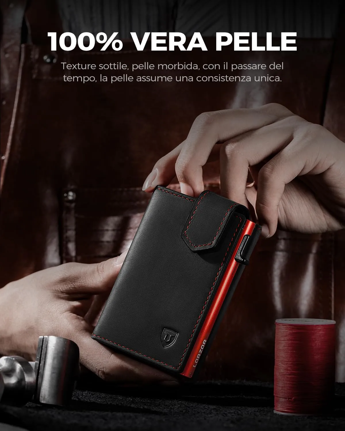 LORZOR Portafoglio Uomo Slim in Vera Pelle con Protezione RFID, Portacarte Pop-up per 10 Carte e Portamonete, Chiusura Magnetica - immagine 3