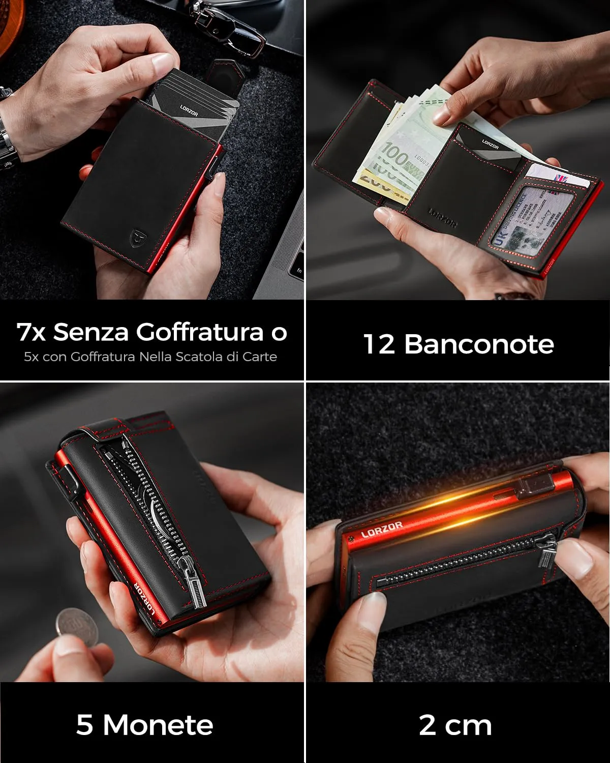 LORZOR Portafoglio Uomo Slim in Vera Pelle con Protezione RFID, Portacarte Pop-up per 10 Carte e Portamonete, Chiusura Magnetica - immagine 4