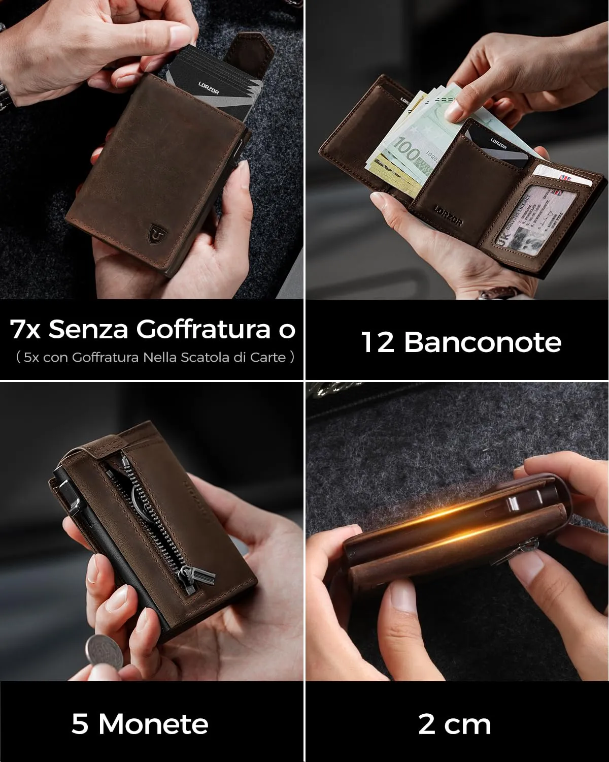 LORZOR Portafoglio Uomo Slim in Vera Pelle con Protezione RFID, Portacarte Pop-up per 10 Carte e Portamonete, Chiusura Magnetica - immagine 5