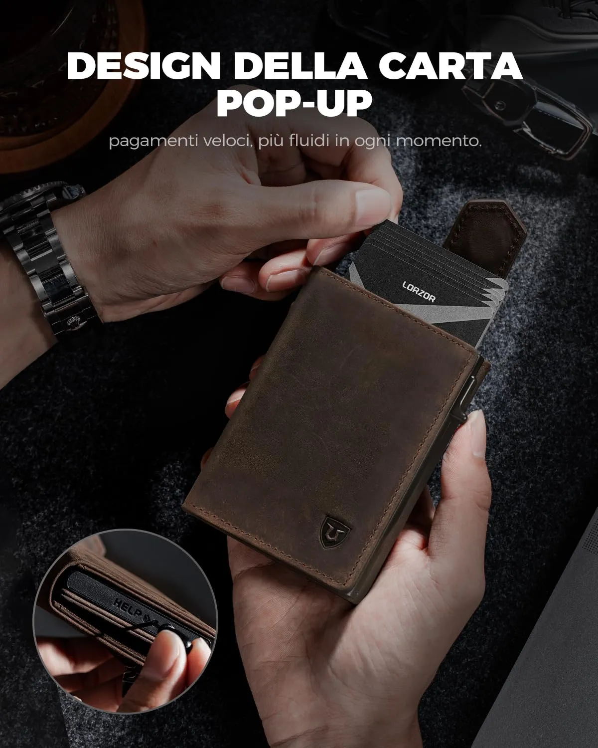 LORZOR Portafoglio Uomo Slim in Vera Pelle con Protezione RFID, Portacarte Pop-up per 10 Carte e Portamonete, Chiusura Magnetica - immagine 7