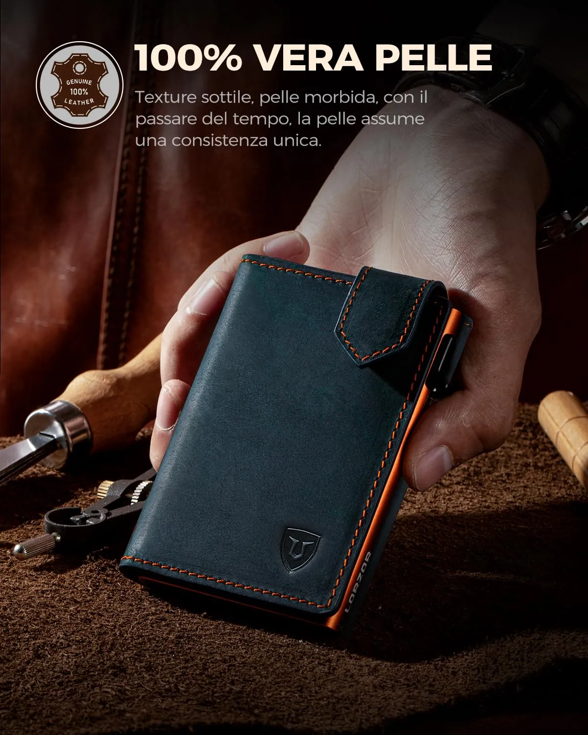 LORZOR Portafoglio Uomo Slim in Vera Pelle, Porta Carte Pop-up con Protezione RFID, Portamonete e Chiusura Magnetica - immagine 3