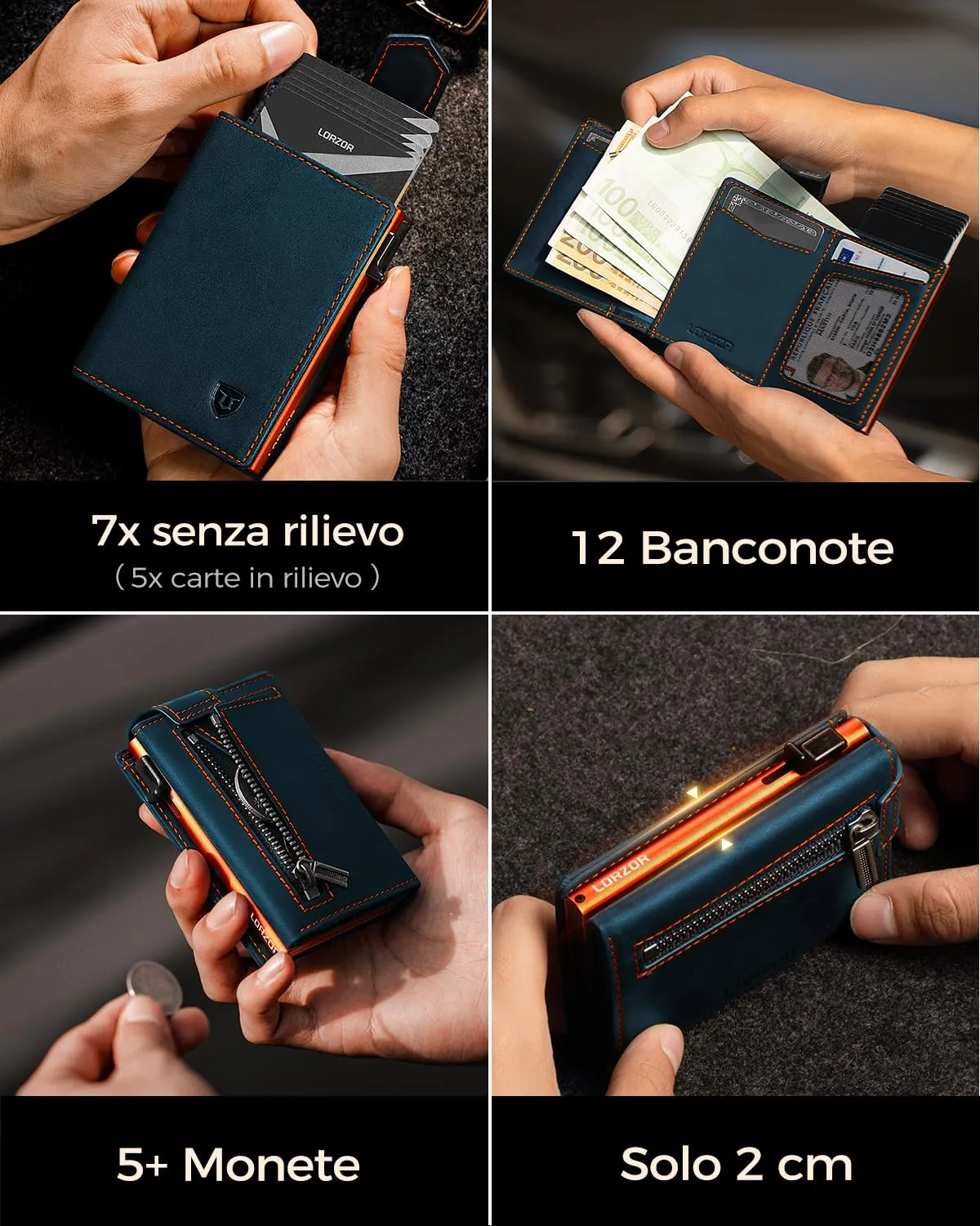 LORZOR Portafoglio Uomo Slim in Vera Pelle, Porta Carte Pop-up con Protezione RFID, Portamonete e Chiusura Magnetica - immagine 4