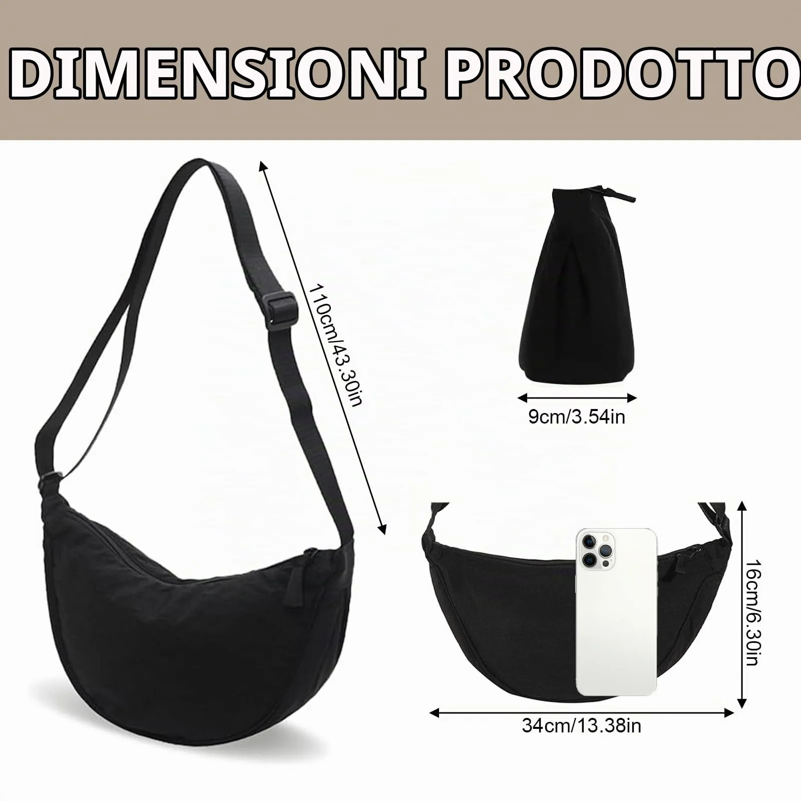 Eniyou Borsa Donna Mezzaluna in Nylon con Tracolla Regolabile, Nero - immagine 2