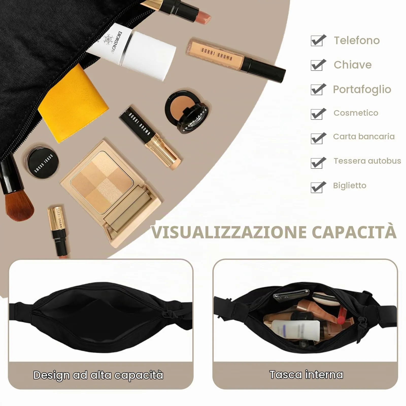 Eniyou Borsa Donna Mezzaluna in Nylon con Tracolla Regolabile, Nero - immagine 3