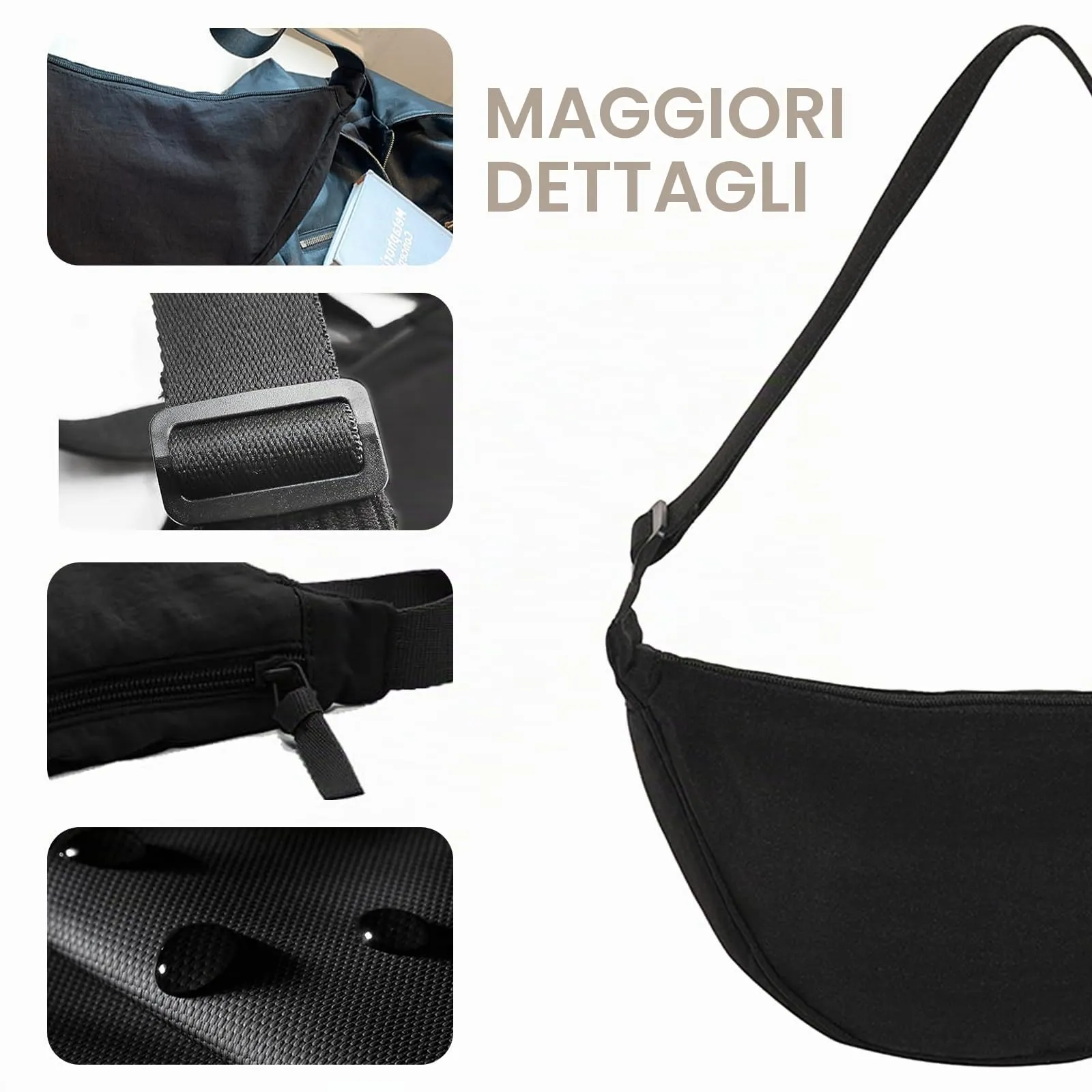 Eniyou Borsa Donna Mezzaluna in Nylon con Tracolla Regolabile, Nero - immagine 4