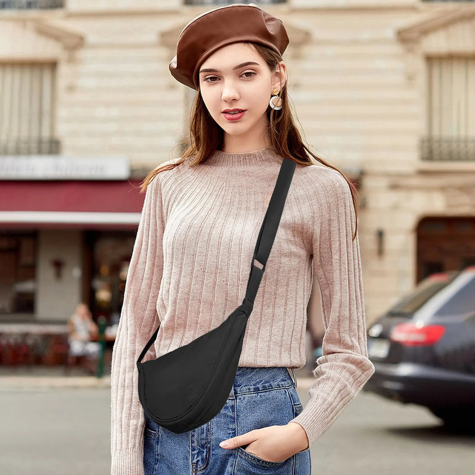 Eniyou Borsa Donna Mezzaluna in Nylon con Tracolla Regolabile, Nero - immagine 5