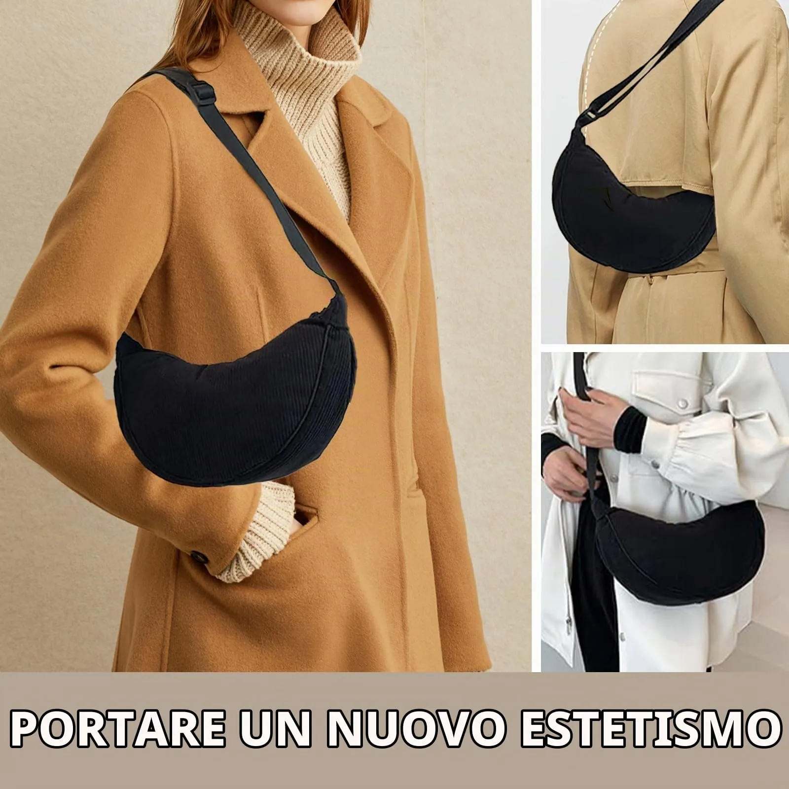 Eniyou Borsa Donna Mezzaluna in Nylon con Tracolla Regolabile, Nero - immagine 6