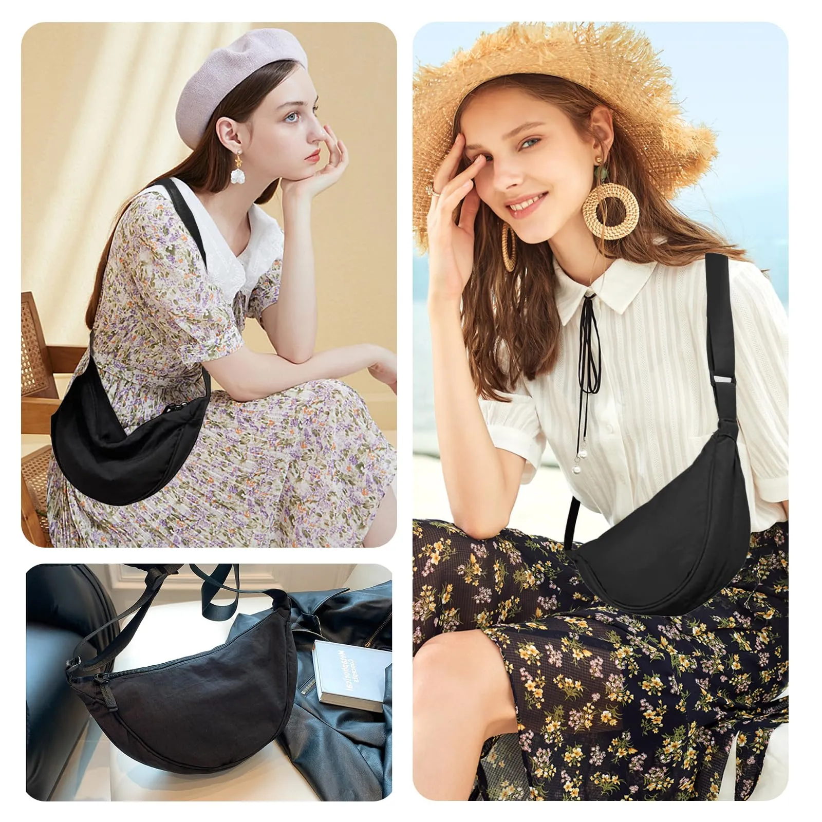 Eniyou Borsa Donna Mezzaluna in Nylon con Tracolla Regolabile, Nero - immagine 7