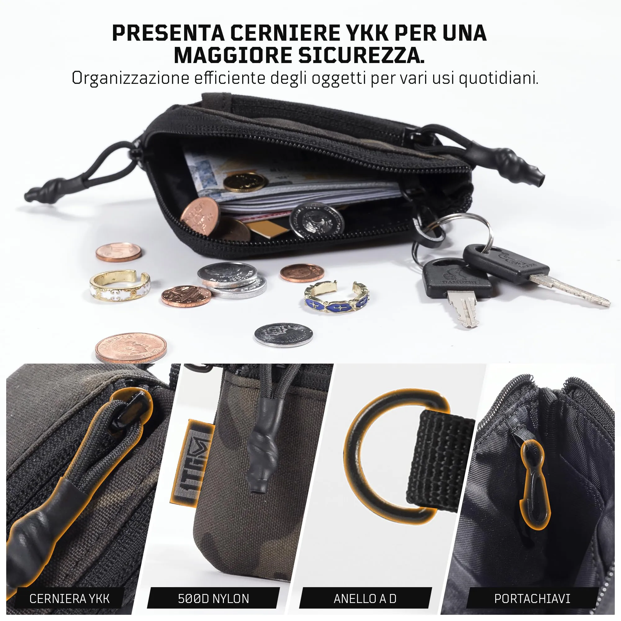1TG Tactical Portafoglio Minimalista in Nylon 500D con Cerniera YKK e Sistema MOLLE - Mimetico Camo Nero - immagine 2