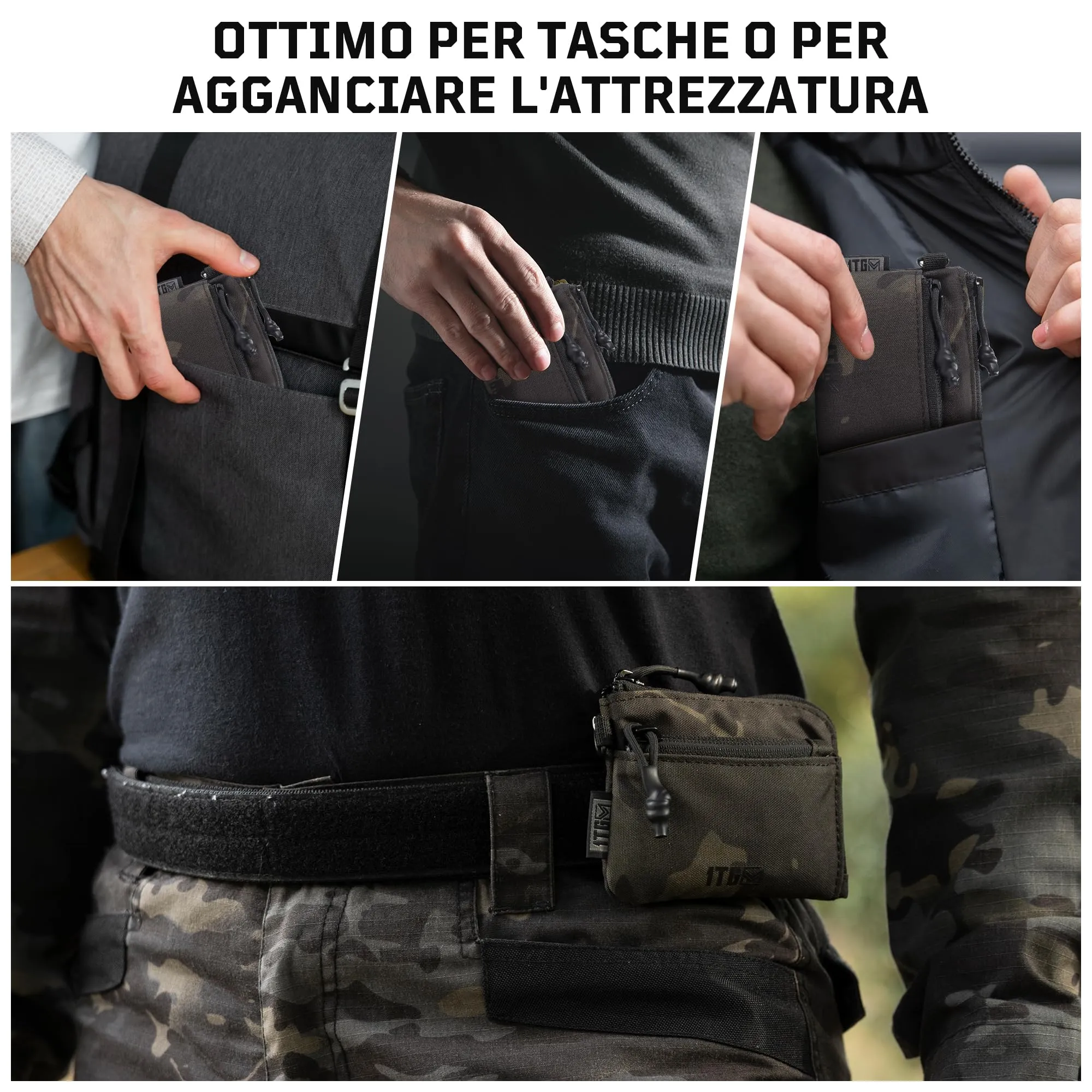 1TG Tactical Portafoglio Minimalista in Nylon 500D con Cerniera YKK e Sistema MOLLE - Mimetico Camo Nero - immagine 6