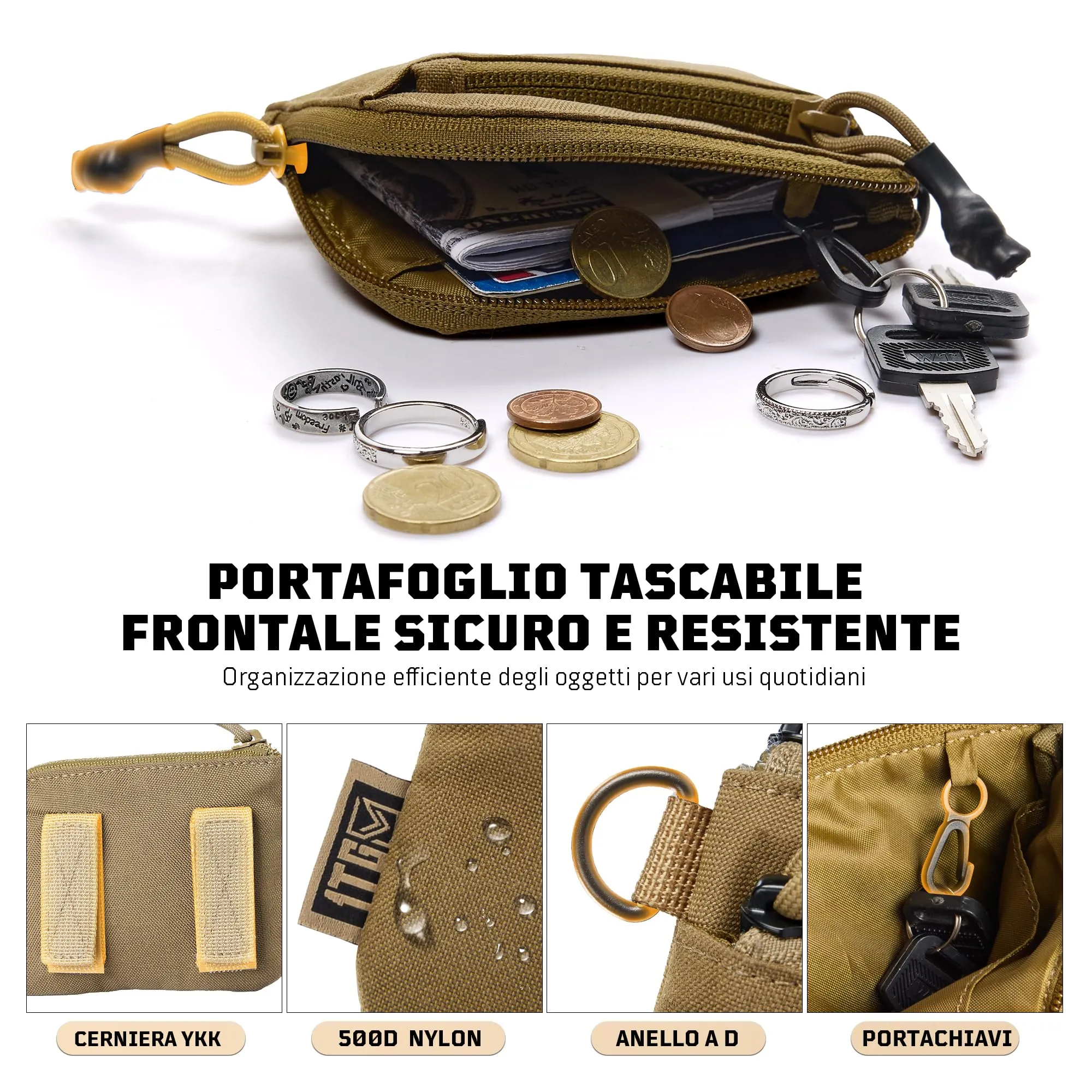 1TG Tactical Portamonete Minimalista in CORDURA 500D, Portafoglio Tattico con Cerniera e Gancio D, Marrone Coyote - immagine 2