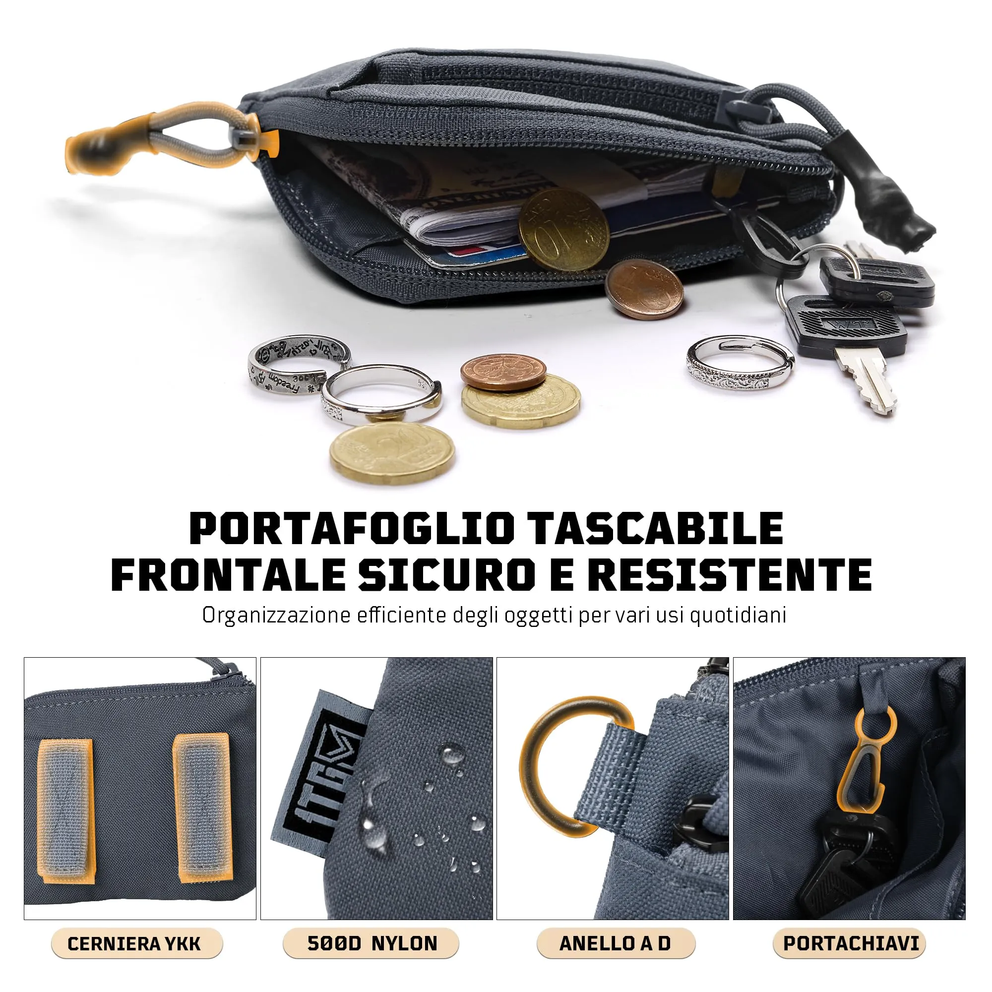 1TG Tactical Portafoglio Minimalista in Nylon 500D con Cerniera YKK - Grigio - immagine 2
