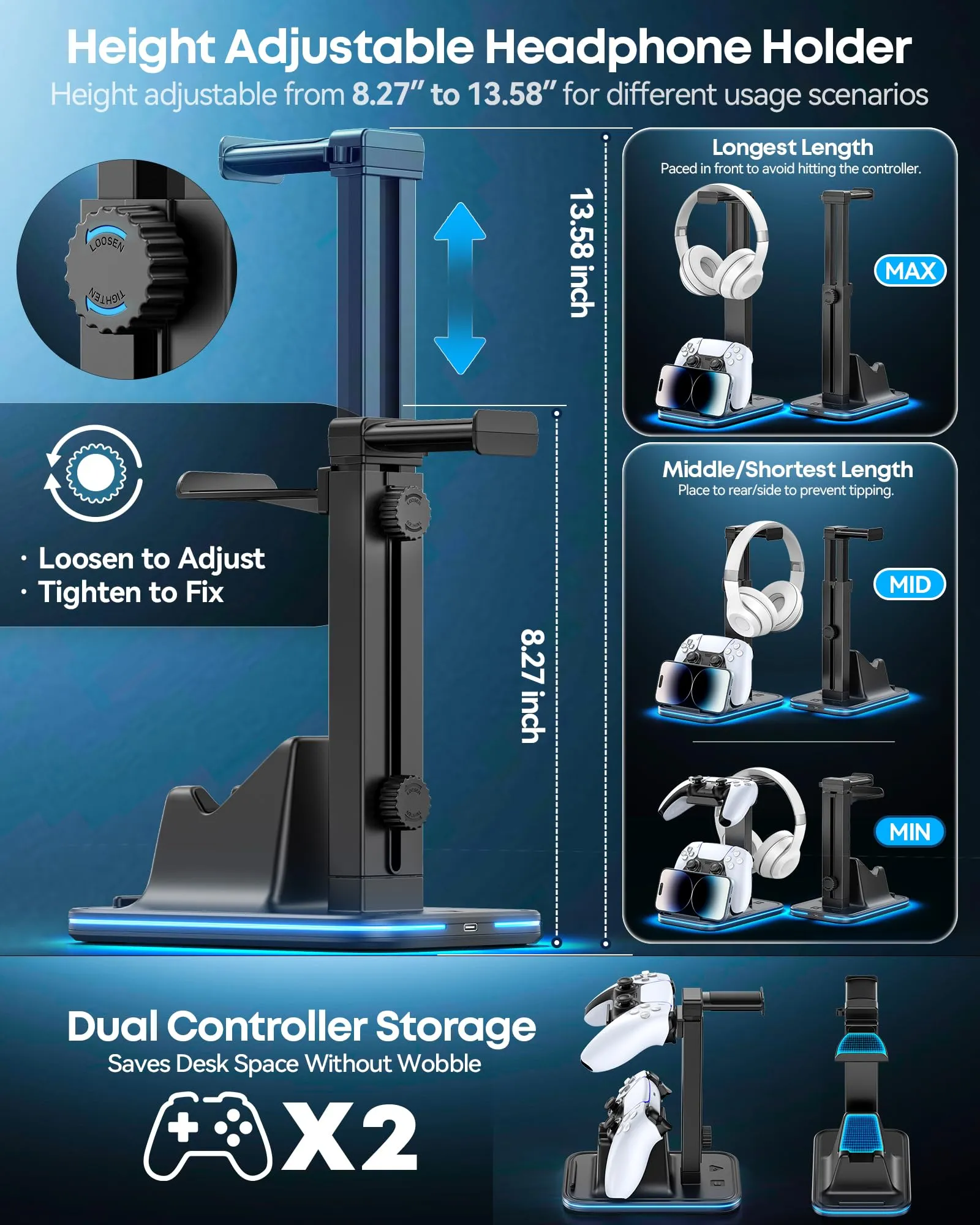 OIVO VGA DESIGN Supporto Cuffie e Joystick da Scrivania Regolabile in Altezza con Supporto per Cellulare e Dual Controller, Versione RGB - immagine 3
