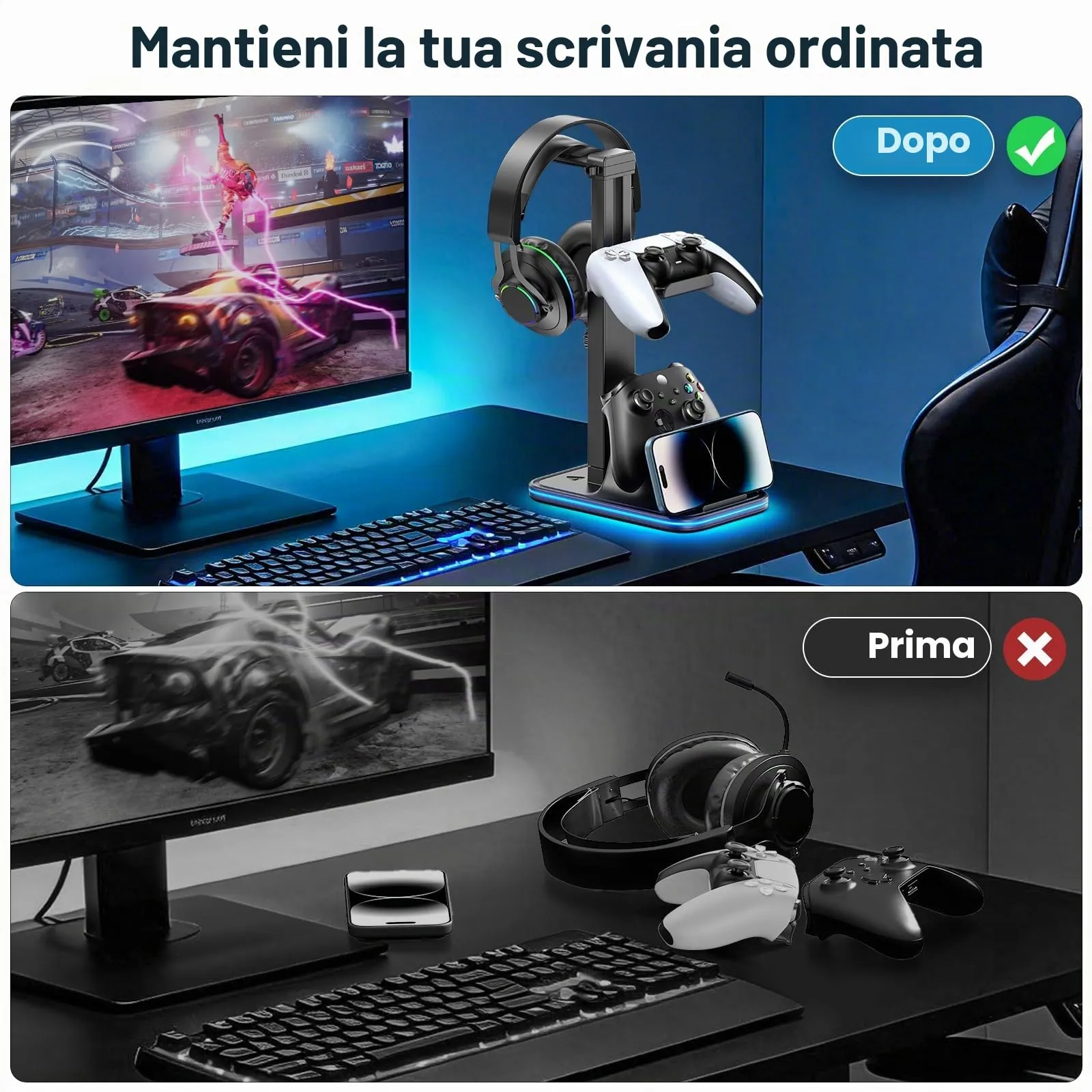 OIVO VGA DESIGN Supporto Cuffie e Joystick da Scrivania Regolabile in Altezza con Supporto per Cellulare e Dual Controller, Versione RGB - immagine 5
