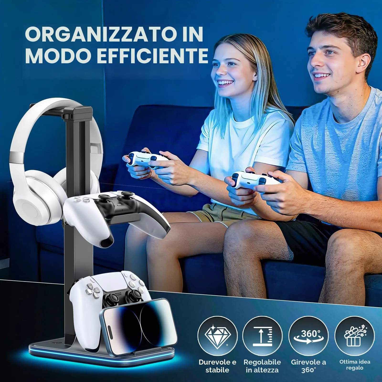 OIVO VGA DESIGN Supporto Cuffie e Joystick da Scrivania Regolabile in Altezza con Supporto per Cellulare e Dual Controller, Versione RGB - immagine 6