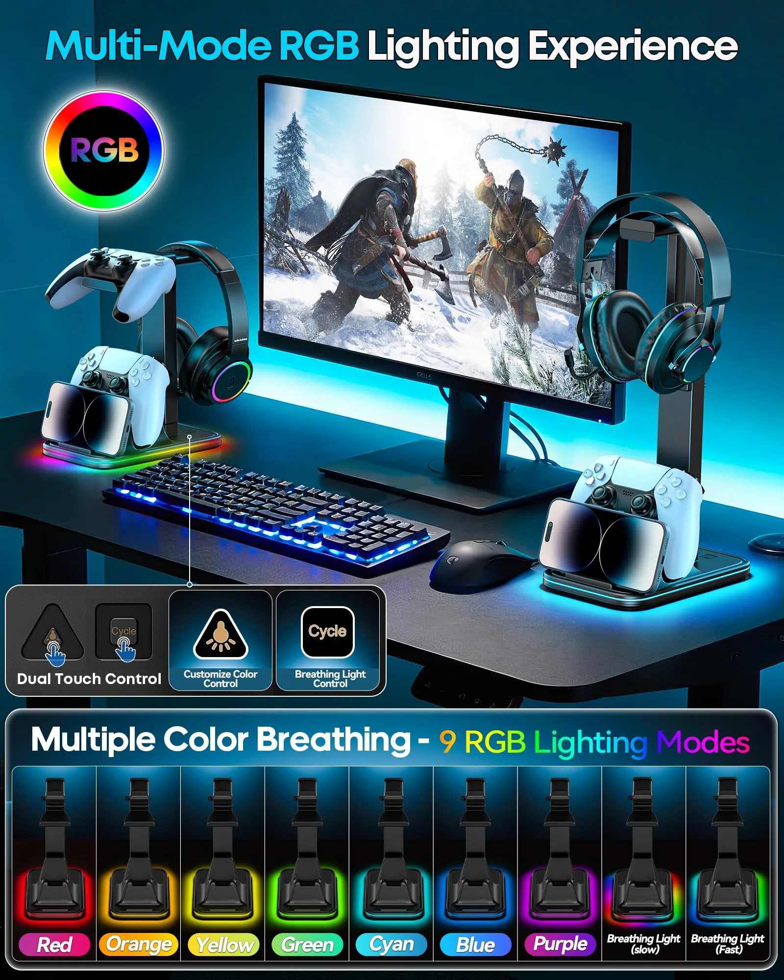 OIVO VGA DESIGN Supporto Cuffie e Joystick da Scrivania Regolabile in Altezza con Supporto per Cellulare e Dual Controller, Versione RGB - immagine 7