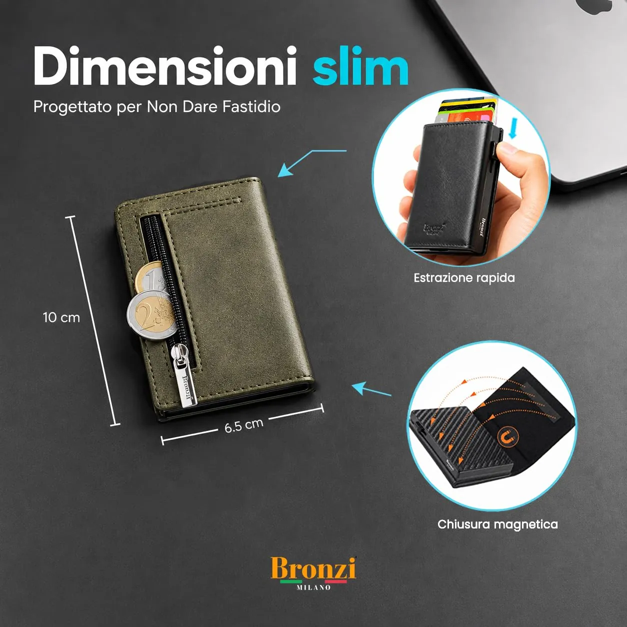Bronzi Portafoglio Uomo Slim Revelation Verde Oliva Vellutato - immagine 2