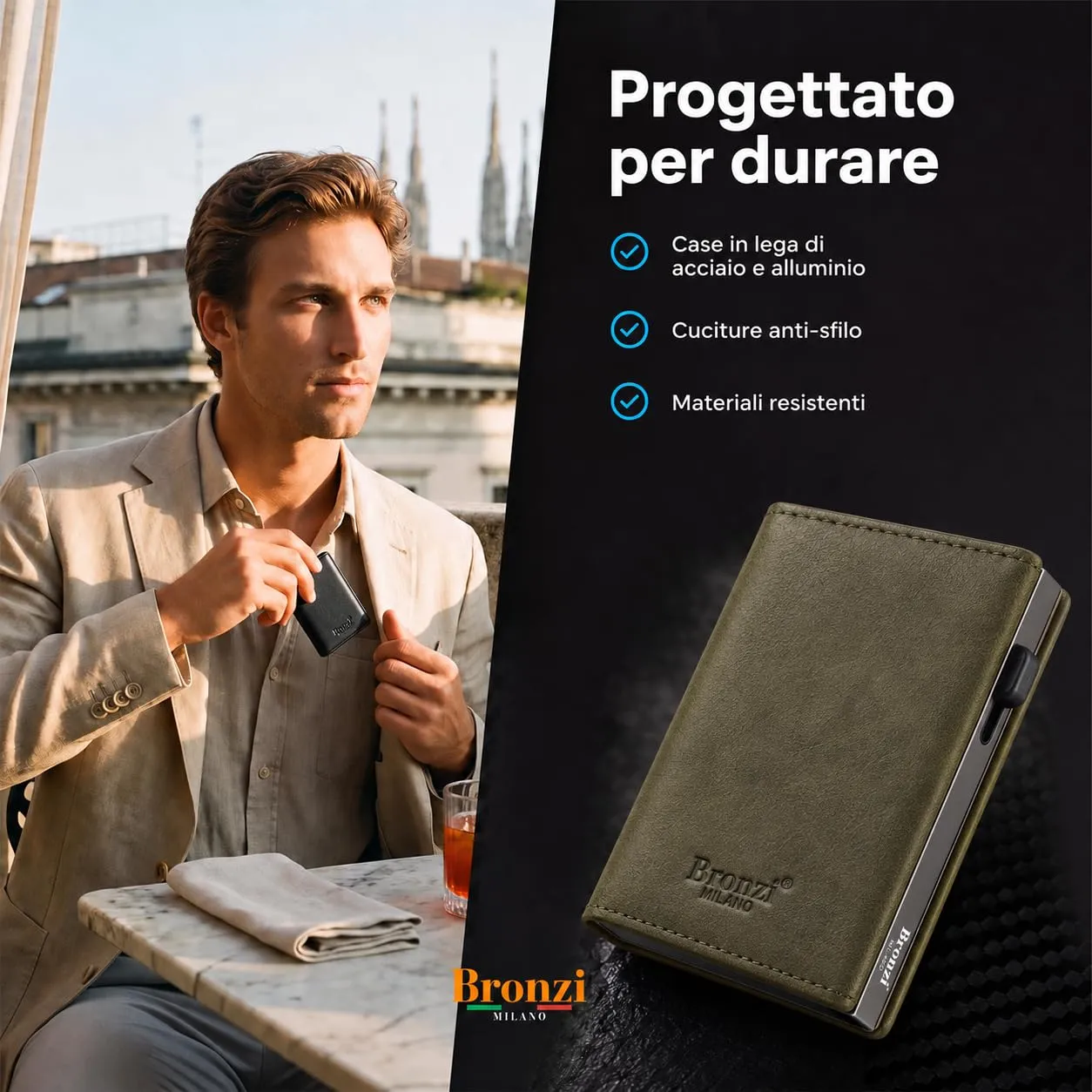 Bronzi Portafoglio Uomo Slim Revelation Verde Oliva Vellutato - immagine 6