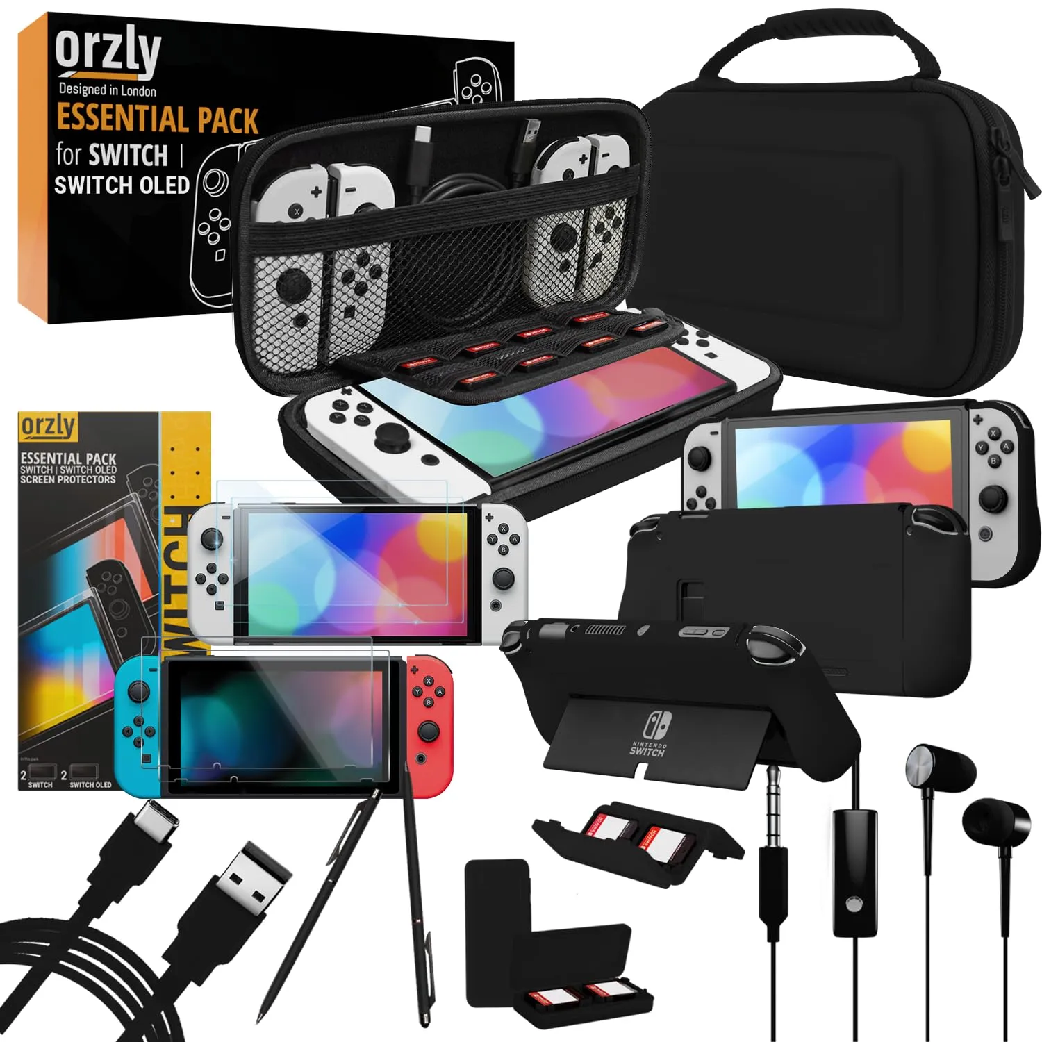 Orzly Accessori per Nintendo Switch e Switch OLED - Custodia, Pellicola Protettiva, Cavo di Ricarica, Porta Giochi e Impugnatura Comfort - immagine 1