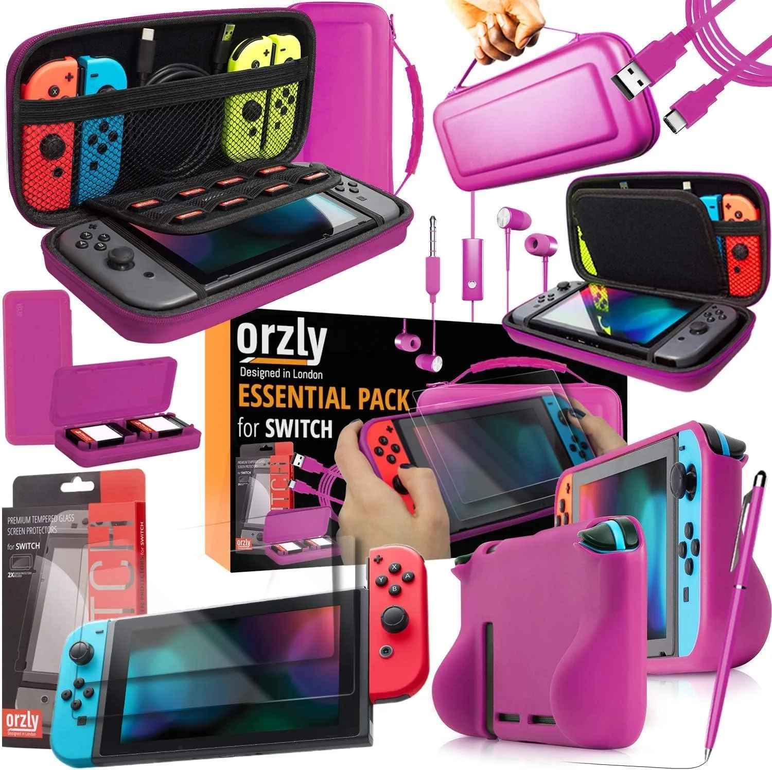 Orzly Accessori per Nintendo Switch - Rosa (Custodia, Copertura Giochi, Pellicola Protettiva, Grip Case, Cavo USB, Cuffie) - immagine 1