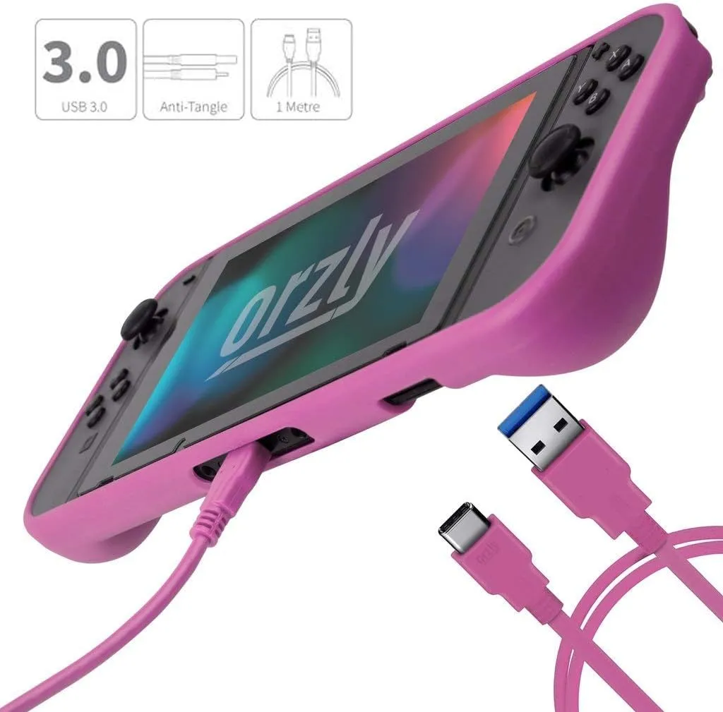 Orzly Accessori per Nintendo Switch - Rosa (Custodia, Copertura Giochi, Pellicola Protettiva, Grip Case, Cavo USB, Cuffie) - immagine 3