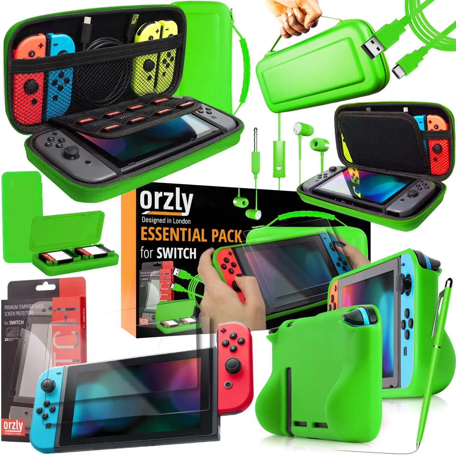 Orzly Accessori per Nintendo Switch - Custodia, Copertura Giochi, Pellicola Protettiva, Grip Case, Cavo USB e Cuffie - Verde - immagine 1