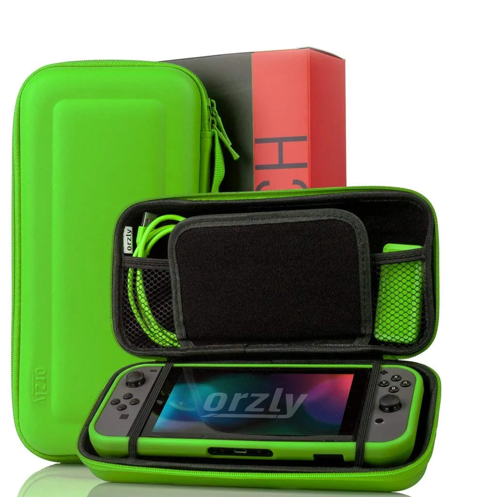 Orzly Accessori per Nintendo Switch - Custodia, Copertura Giochi, Pellicola Protettiva, Grip Case, Cavo USB e Cuffie - Verde - immagine 2