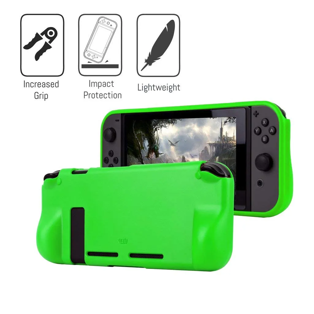 Orzly Accessori per Nintendo Switch - Custodia, Copertura Giochi, Pellicola Protettiva, Grip Case, Cavo USB e Cuffie - Verde - immagine 4