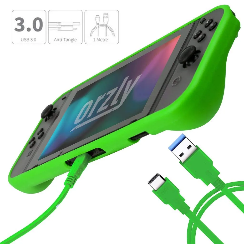 Orzly Accessori per Nintendo Switch - Custodia, Copertura Giochi, Pellicola Protettiva, Grip Case, Cavo USB e Cuffie - Verde - immagine 5