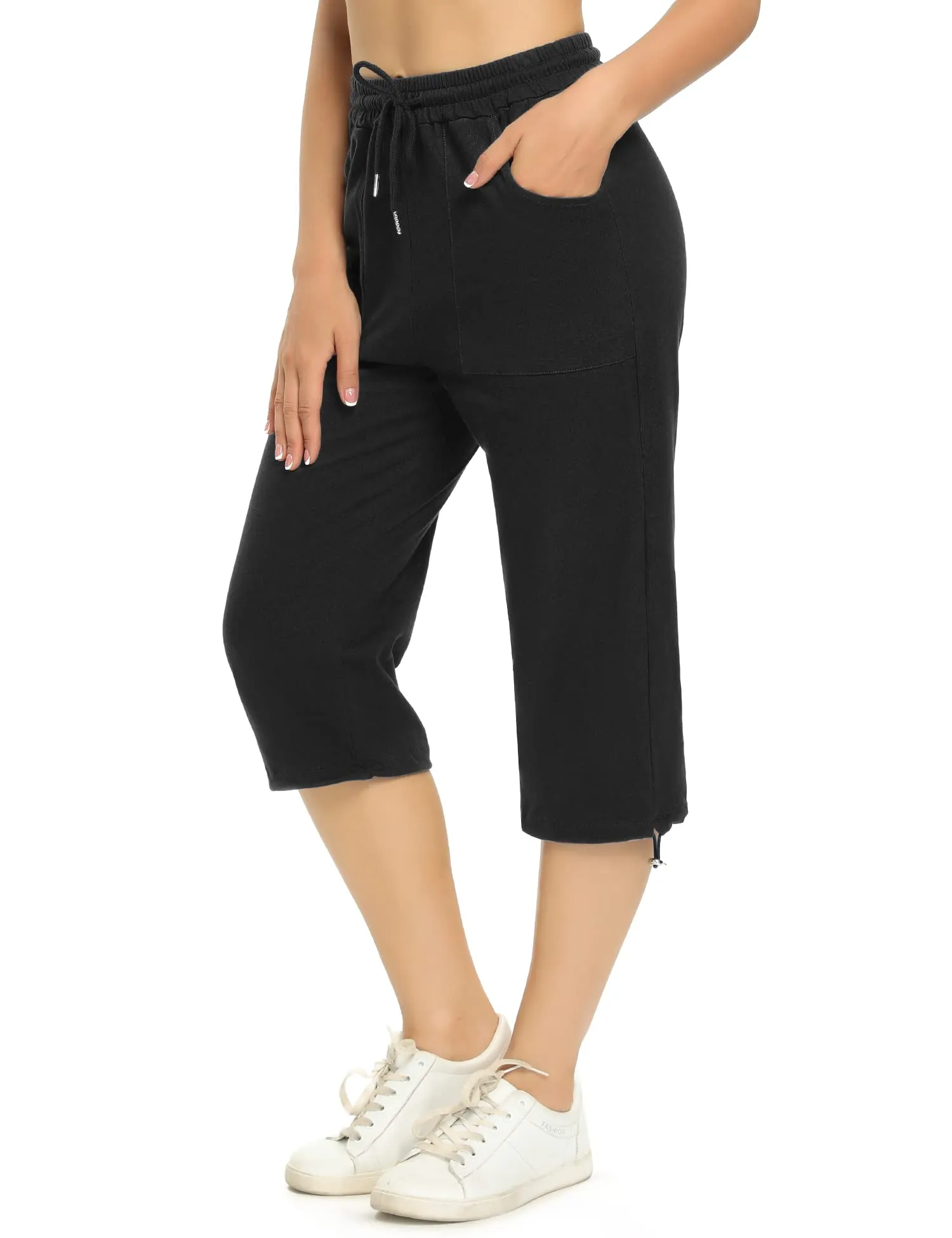 Totatuit Pantaloni Capri Donna Estivi Sportivi 3/4 in Cotone Regolabile con Tasca Nero S - immagine 1