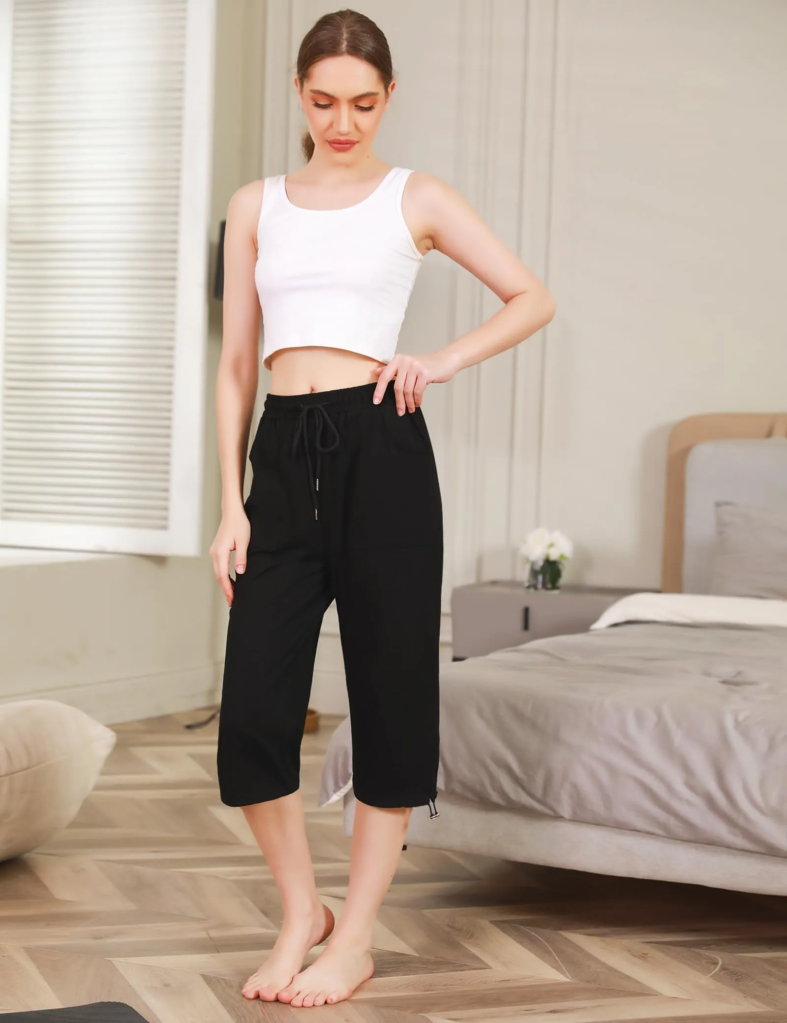 Totatuit Pantaloni Capri Donna Estivi Sportivi 3/4 in Cotone Regolabile con Tasca Nero S - immagine 4