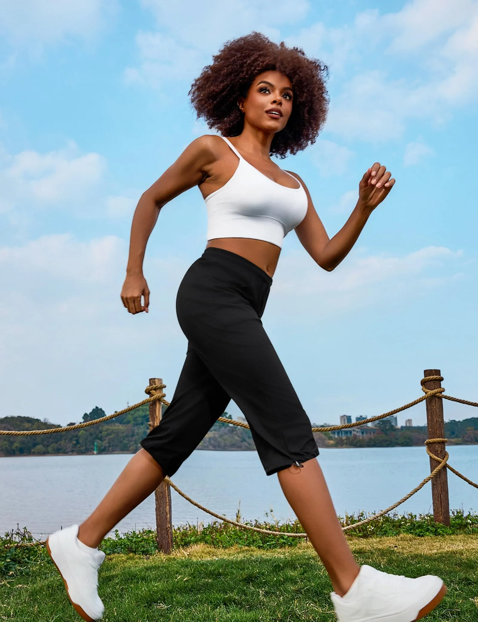 Totatuit Pantaloni Capri Donna Estivi Sportivi 3/4 in Cotone Regolabile con Tasca Nero S - immagine 5