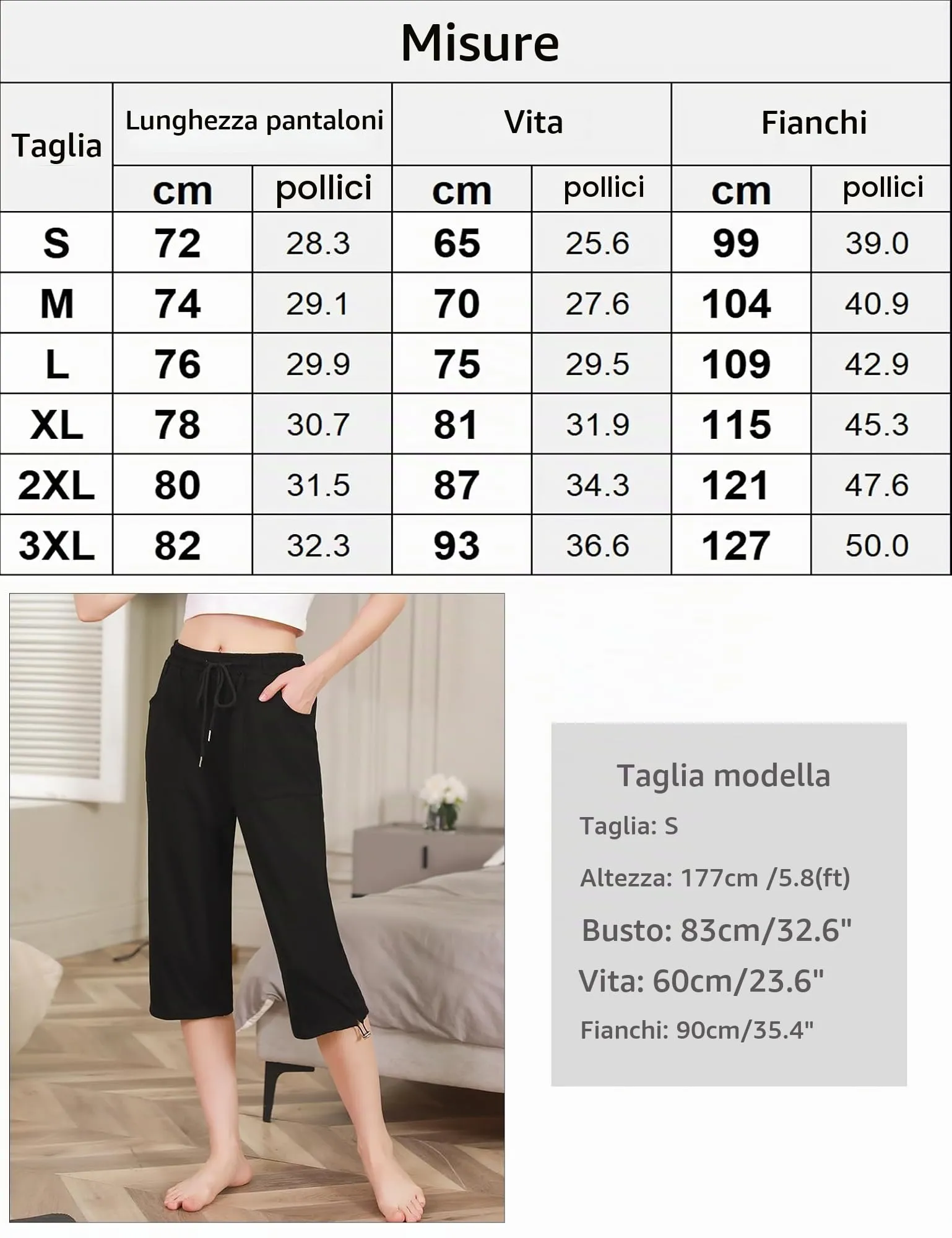 Totatuit Pantaloni Capri Donna Estivi Sportivi 3/4 in Cotone Regolabile con Tasca Nero S - immagine 6