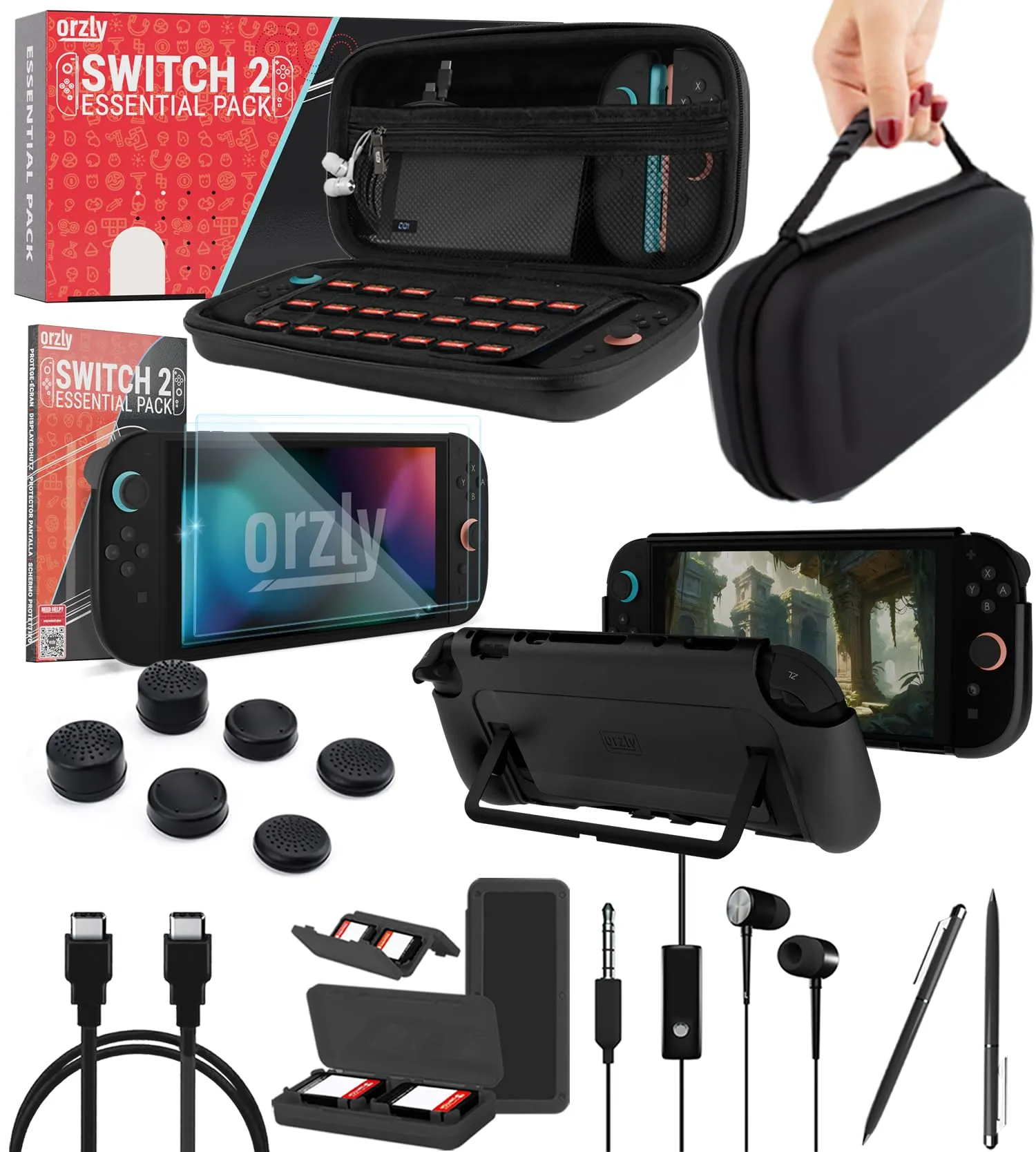 Orzly Accessori per Nintendo Switch 2 (2025) - Custodia, Pellicola Protettiva, Cavo di Ricarica, Porta Giochi, Impugnatura Comfort e Cuffie - Nero - immagine 1