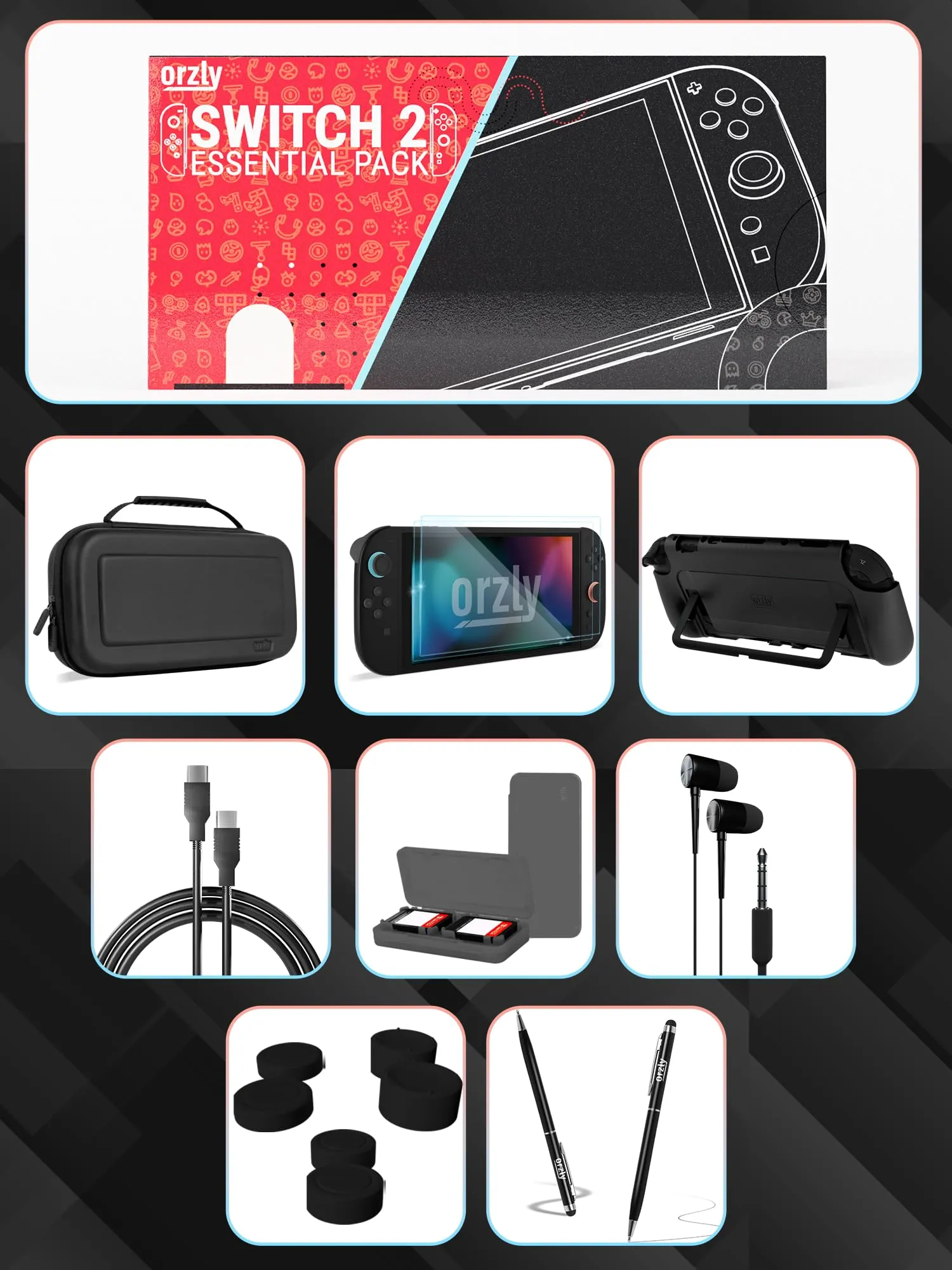 Orzly Accessori per Nintendo Switch 2 (2025) - Custodia, Pellicola Protettiva, Cavo di Ricarica, Porta Giochi, Impugnatura Comfort e Cuffie - Nero - immagine 3