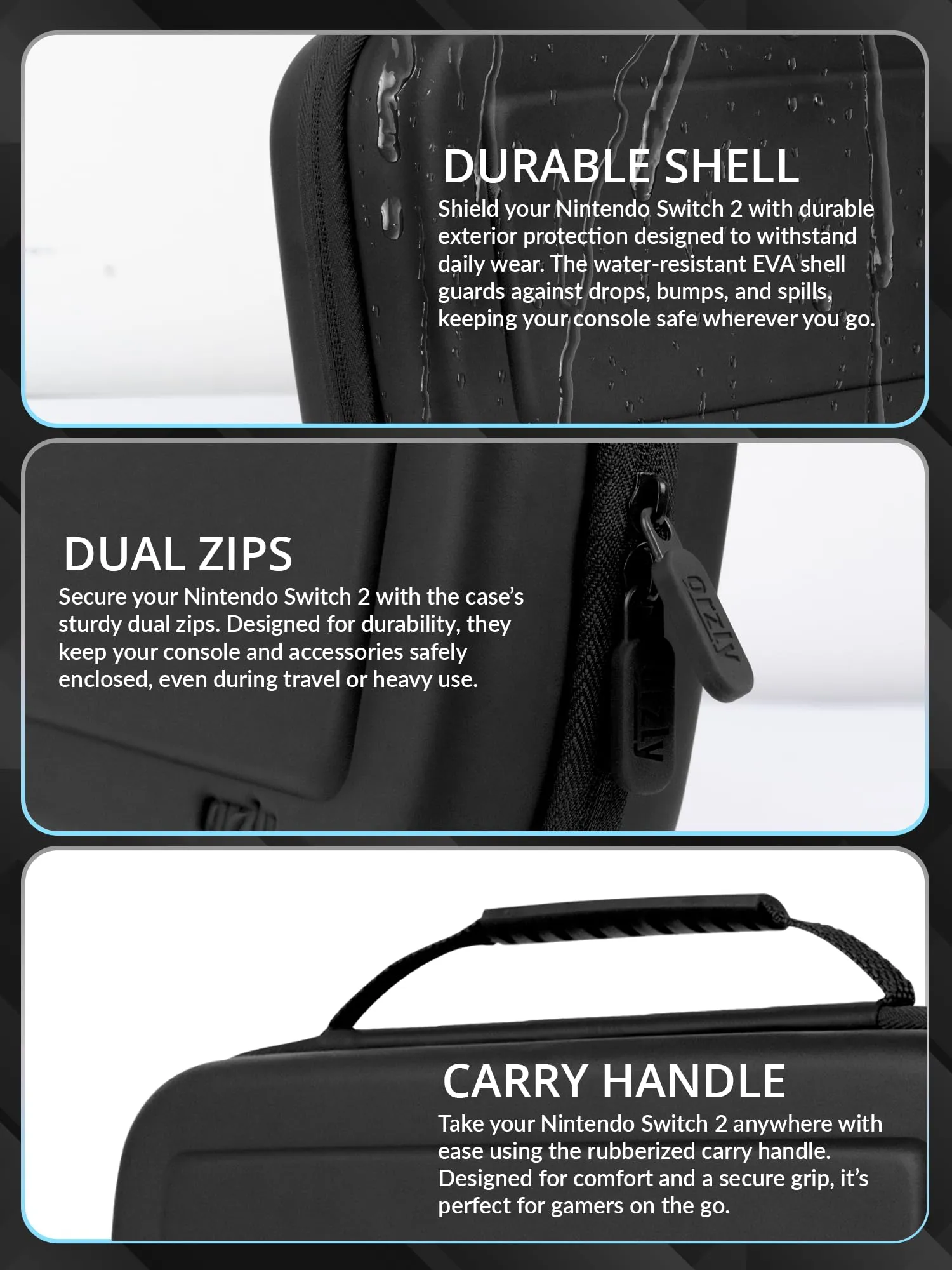 Orzly Accessori per Nintendo Switch 2 (2025) - Custodia, Pellicola Protettiva, Cavo di Ricarica, Porta Giochi, Impugnatura Comfort e Cuffie - Nero - immagine 4