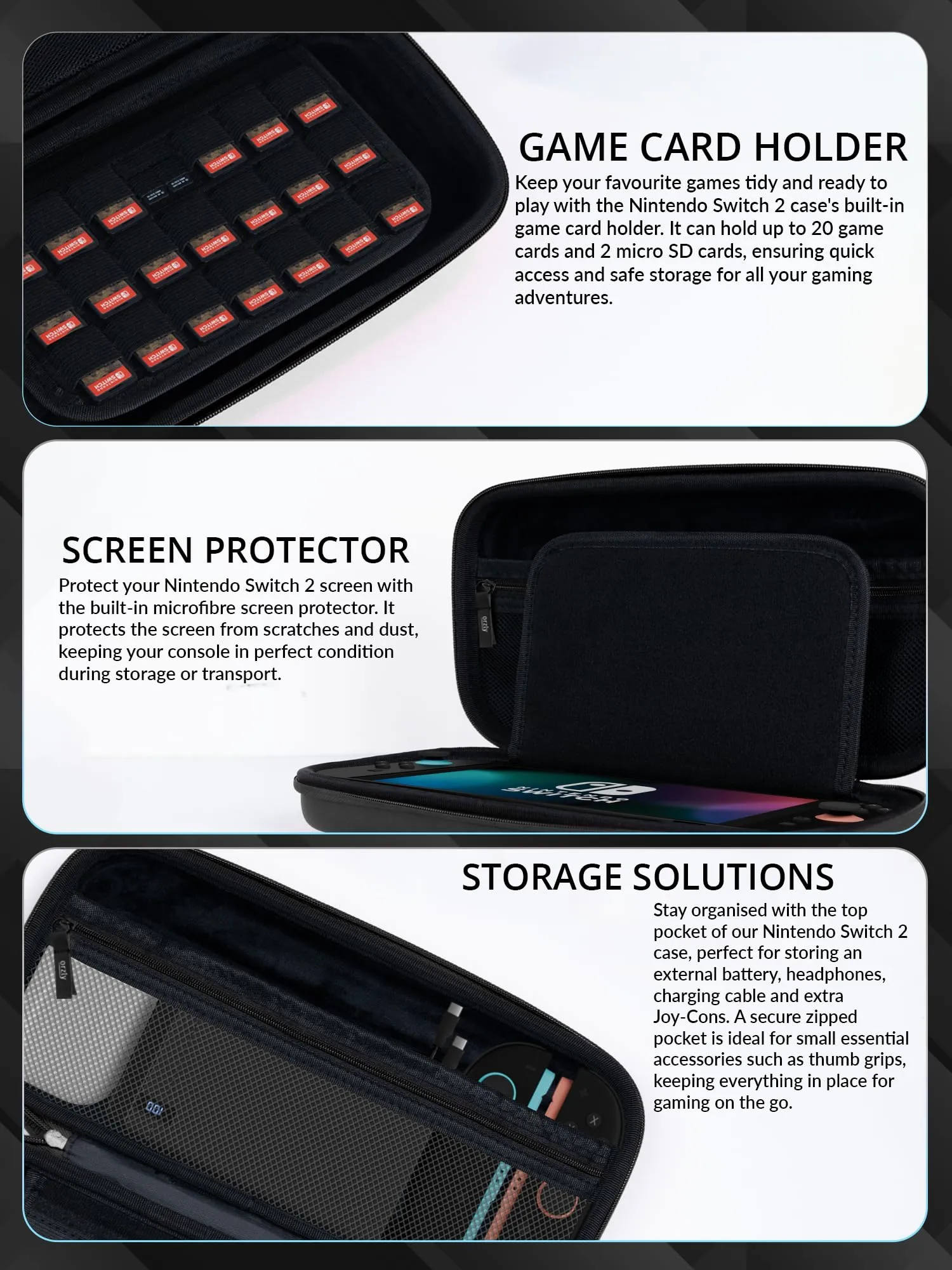 Orzly Accessori per Nintendo Switch 2 (2025) - Custodia, Pellicola Protettiva, Cavo di Ricarica, Porta Giochi, Impugnatura Comfort e Cuffie - Nero - immagine 5