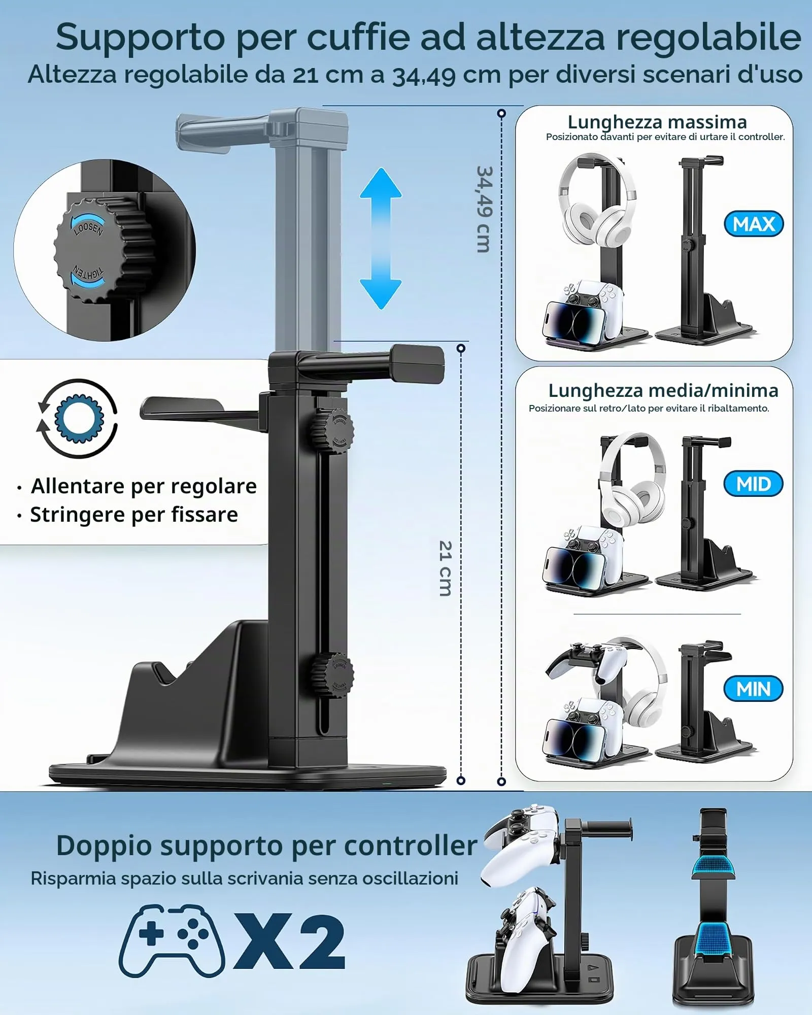 OIVO VGA DESIGN Supporto Cuffie e Joystick da Scrivania Regolabile in Altezza con Supporto per Cellulare e Dual Controller, Versione Base - immagine 3