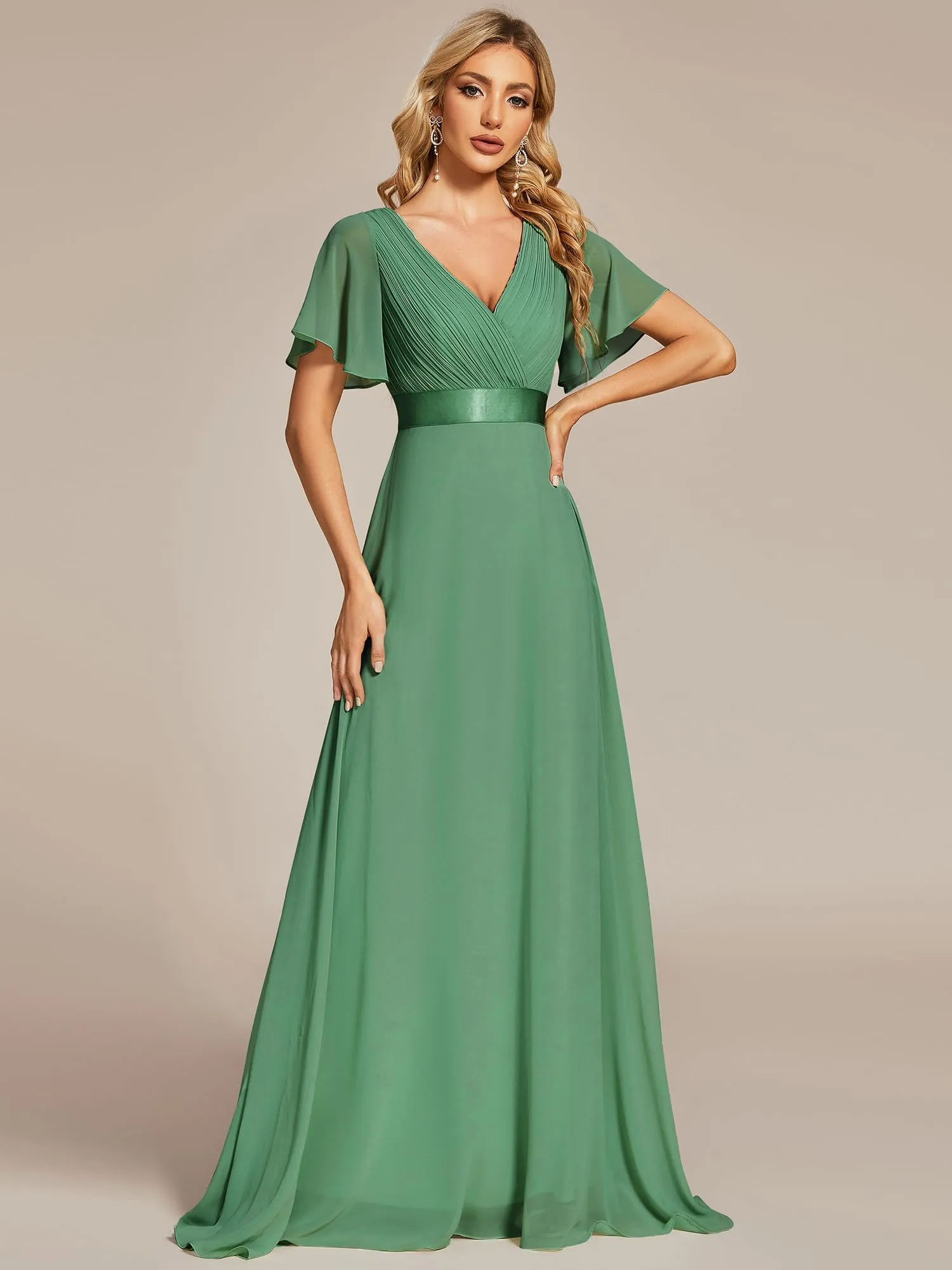Ever-Pretty Vestito da Cerimonia Donna Stile Impero Linea ad A Scollo a V Maniche Corte Lungo, Fagiolo Verde, 52EU - immagine 5