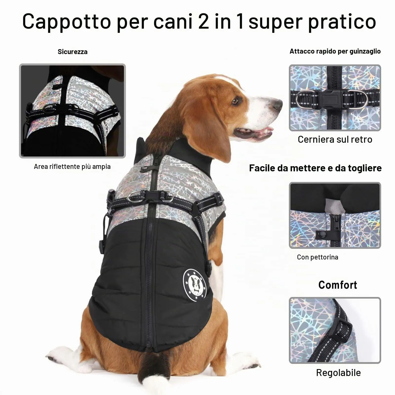 LUOWAN Cappotto Invernale Impermeabile per Cani con Imbracatura e Riflessi, Nero Riflettente - immagine 5