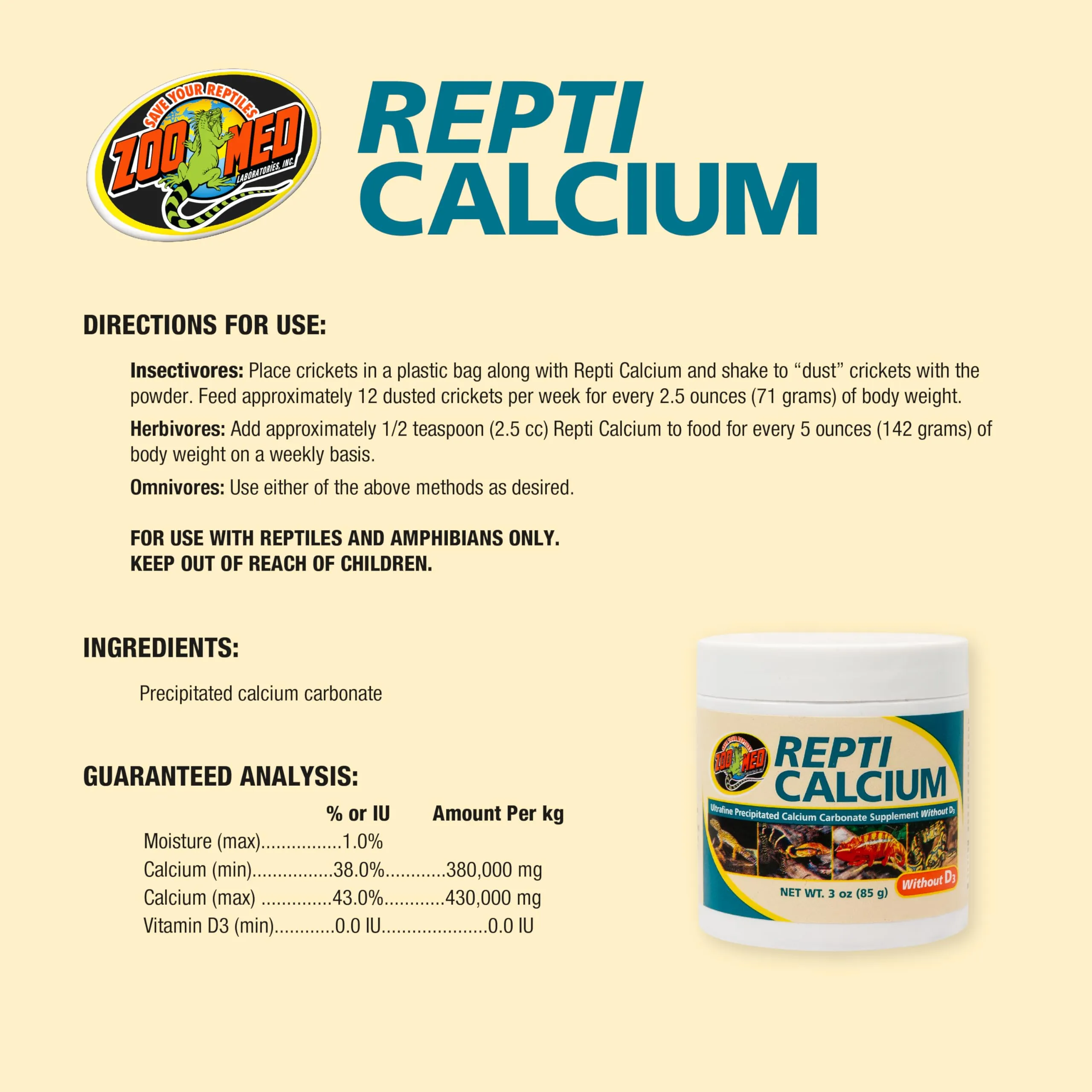 Zoo Med Repti Calcium, Carbonato di Calcio senza D3 per Rettili e Anfibi, 85g - immagine 6