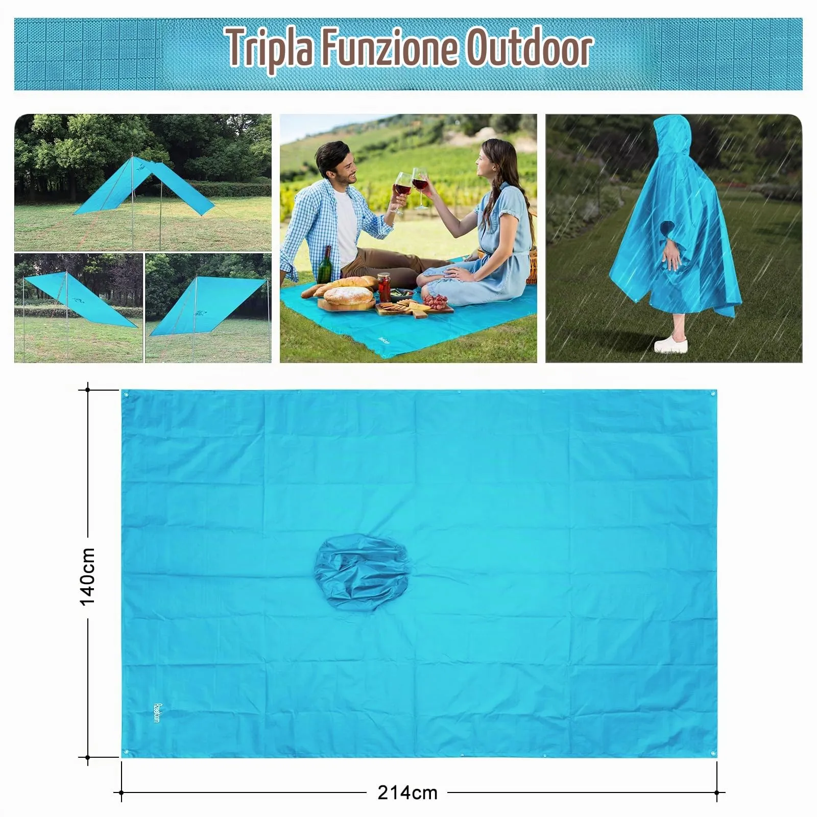 Azeekoom Poncho Impermeabile Multifunzionale con Cappuccio per Uomo e Donna, Blu Chiaro - immagine 3