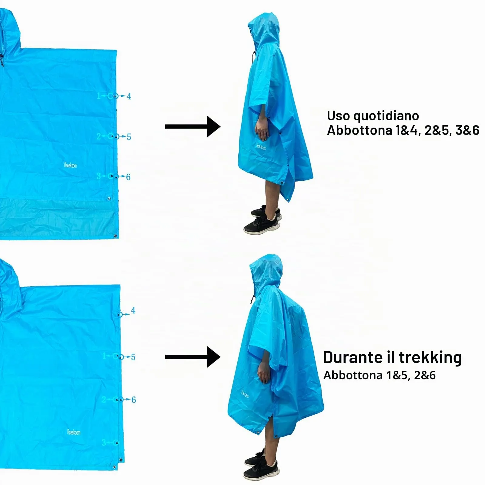 Azeekoom Poncho Impermeabile Multifunzionale con Cappuccio per Uomo e Donna, Blu Chiaro - immagine 5