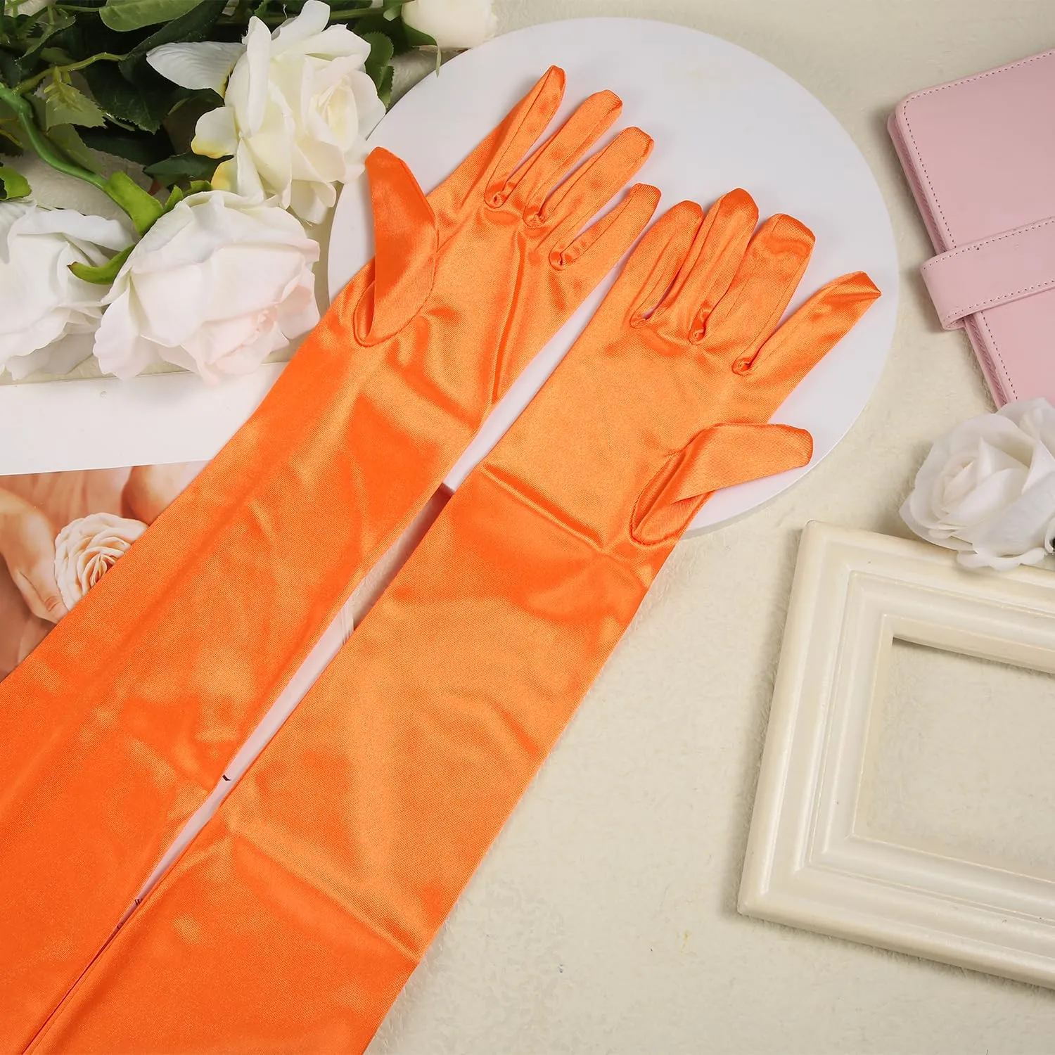 NQEUEPN Guanti Lunghi in Raso da Donna, 52cm, Arancione - immagine 3